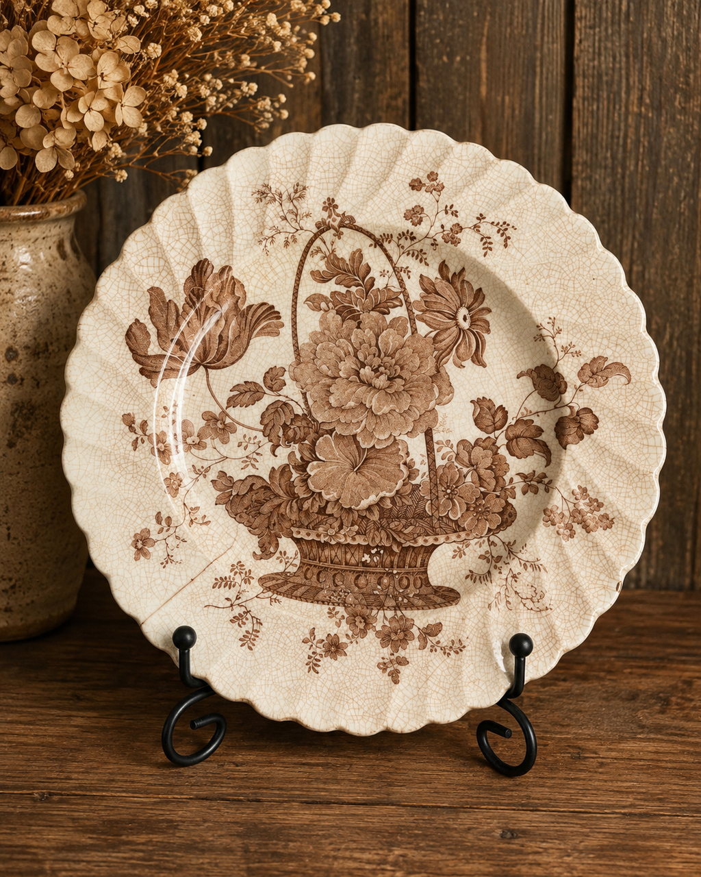 Vintage Clarice Cliff Charlotte Royal Staffordshire Brown Transferware Floral Plate England - Hairline