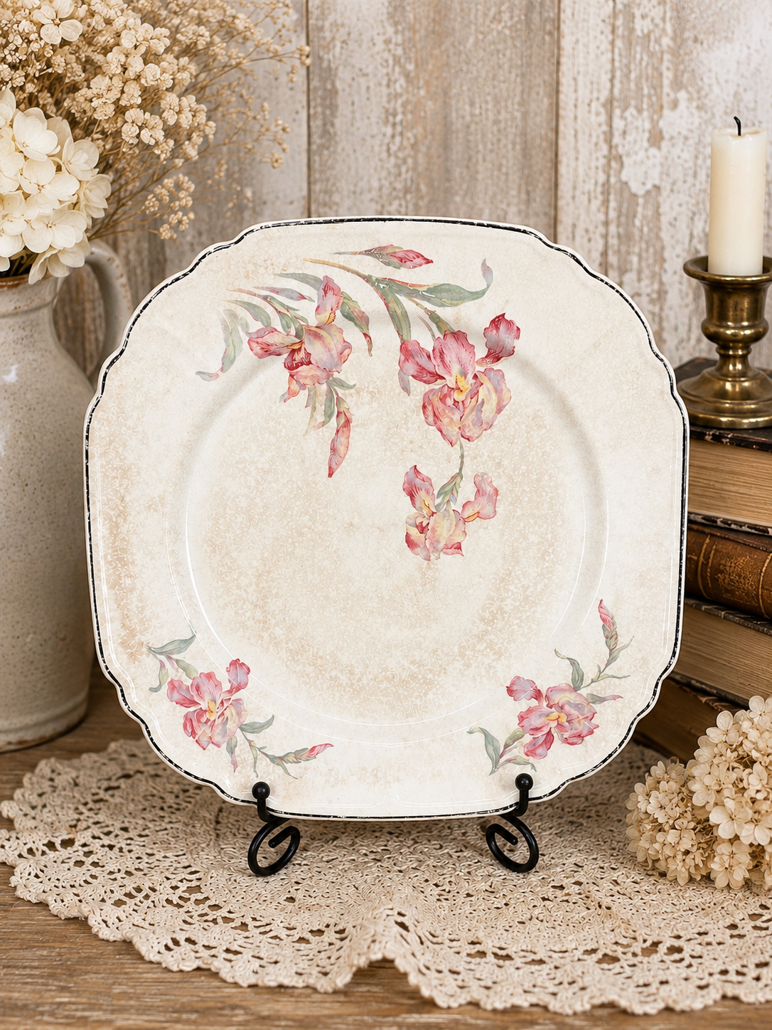 Vintage Stained & Crazed Universal Cambridge Floral Square Serving Platter – Pink Iris – Made in USA - See Pics