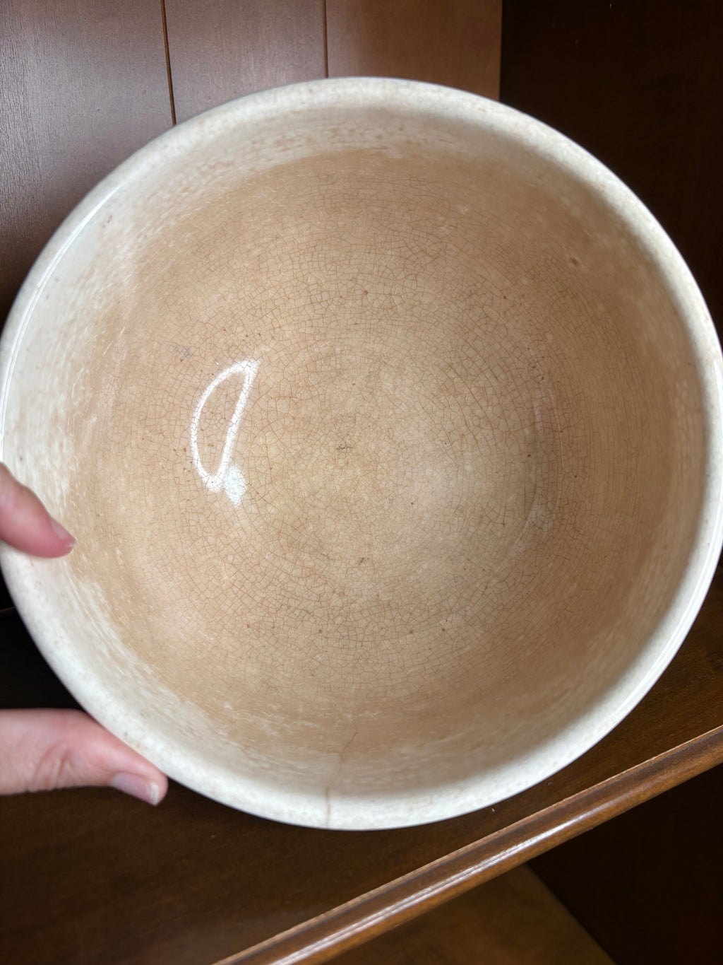 Vintage Stained & Crazed Cronin Pottery Bake Oven Mixing Bowl Fruit Red Stripe 1940s Farmhouse
