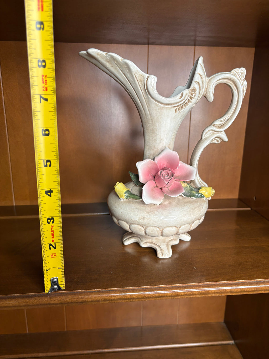 Vintage Italian Capodimonte Ornate Ceramic Pitcher Vase with Applied Roses - See pics