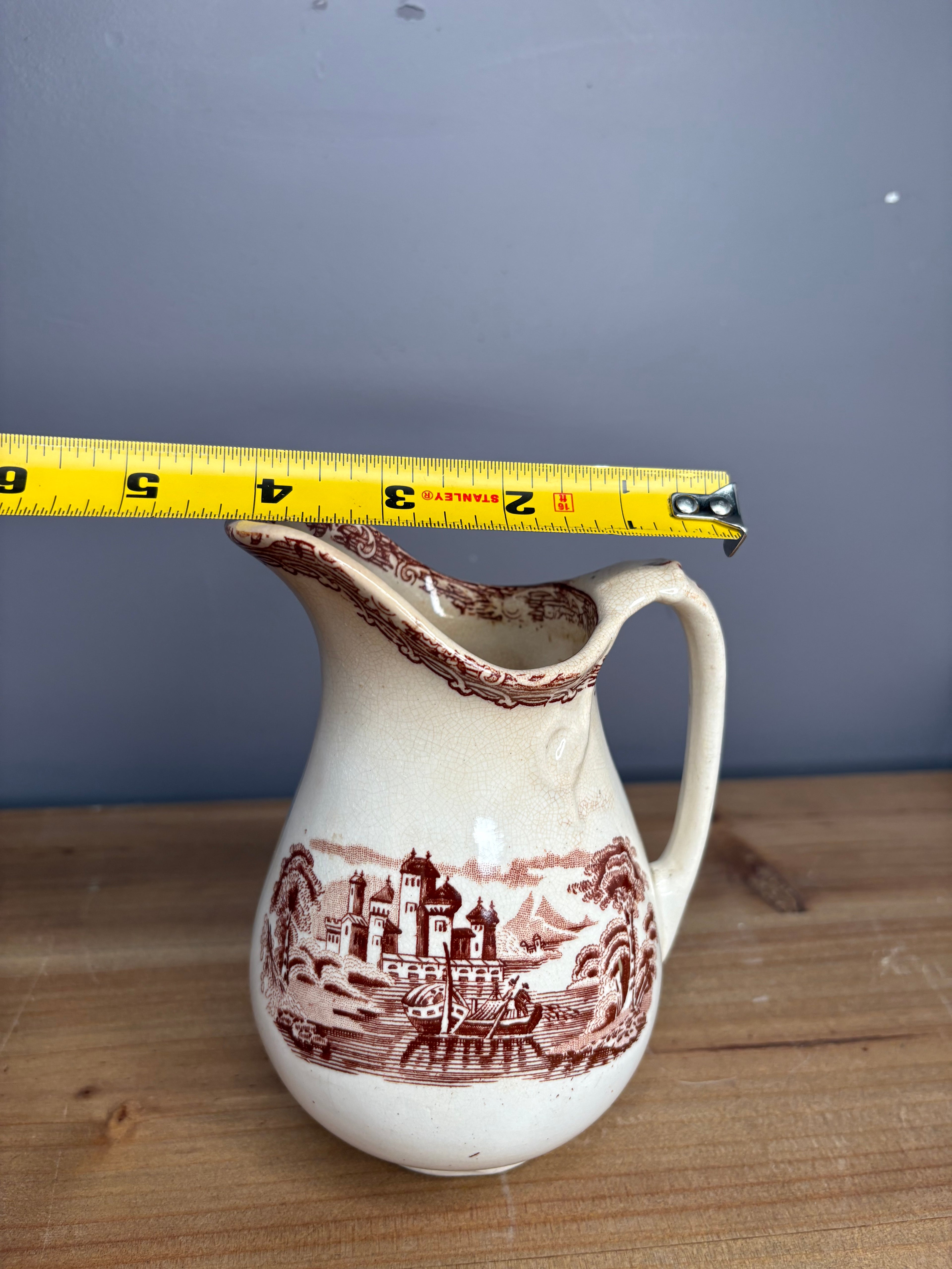 Antique Stained & Crazed Brown Transferware Pitcher – Primitive English Country Decor - See photos