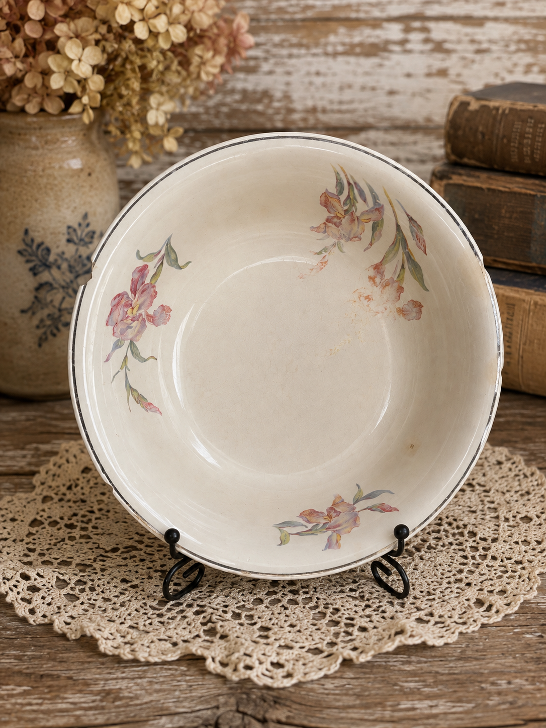 Vintage Stained & Crazed Universal Cambridge Floral Serving Bowl Oven Proof USA - See Pics