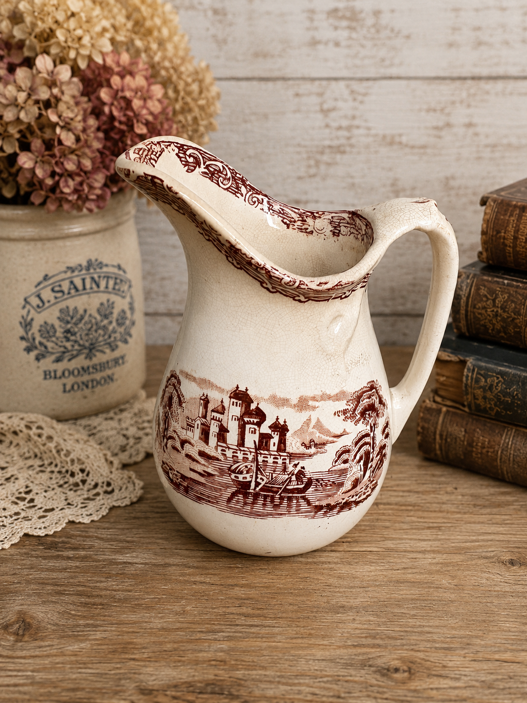 Antique Stained & Crazed Brown Transferware Pitcher – Primitive English Country Decor - See photos