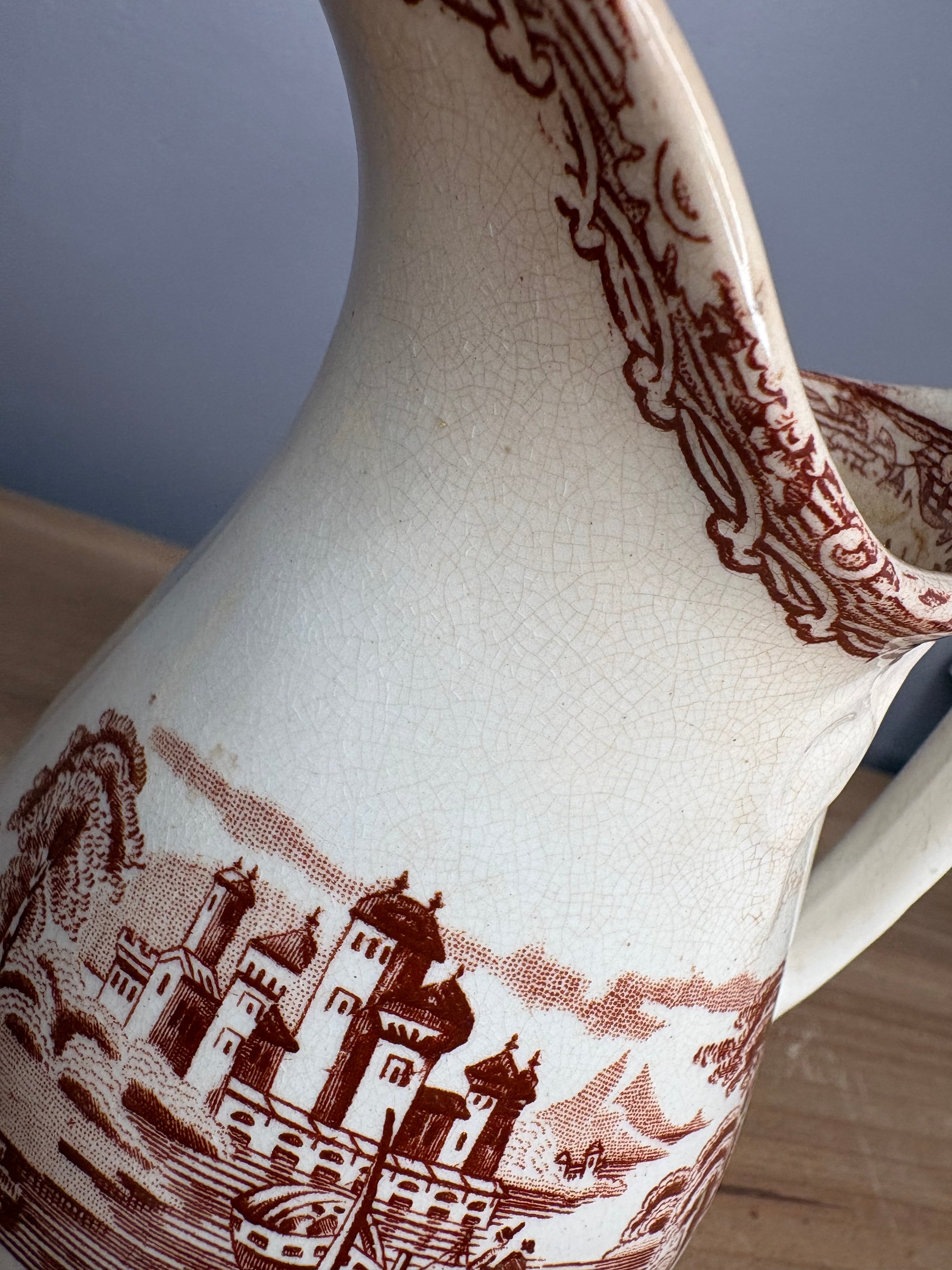 Antique Stained & Crazed Brown Transferware Pitcher – Primitive English Country Decor - See photos