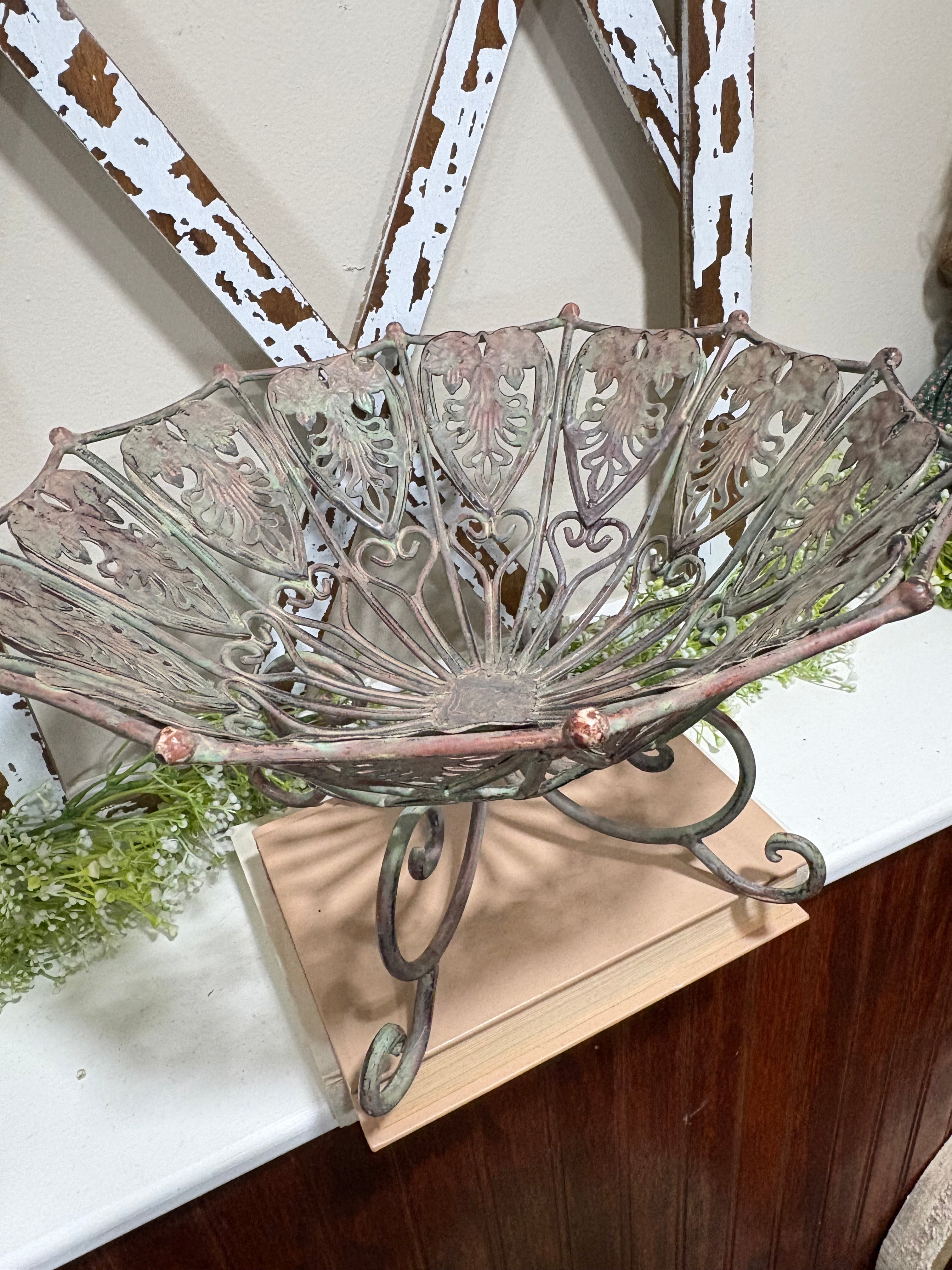 Vintage Metal Filigree Fruit Bowl with Verdigris color - Metal scroll work decorative bowl
