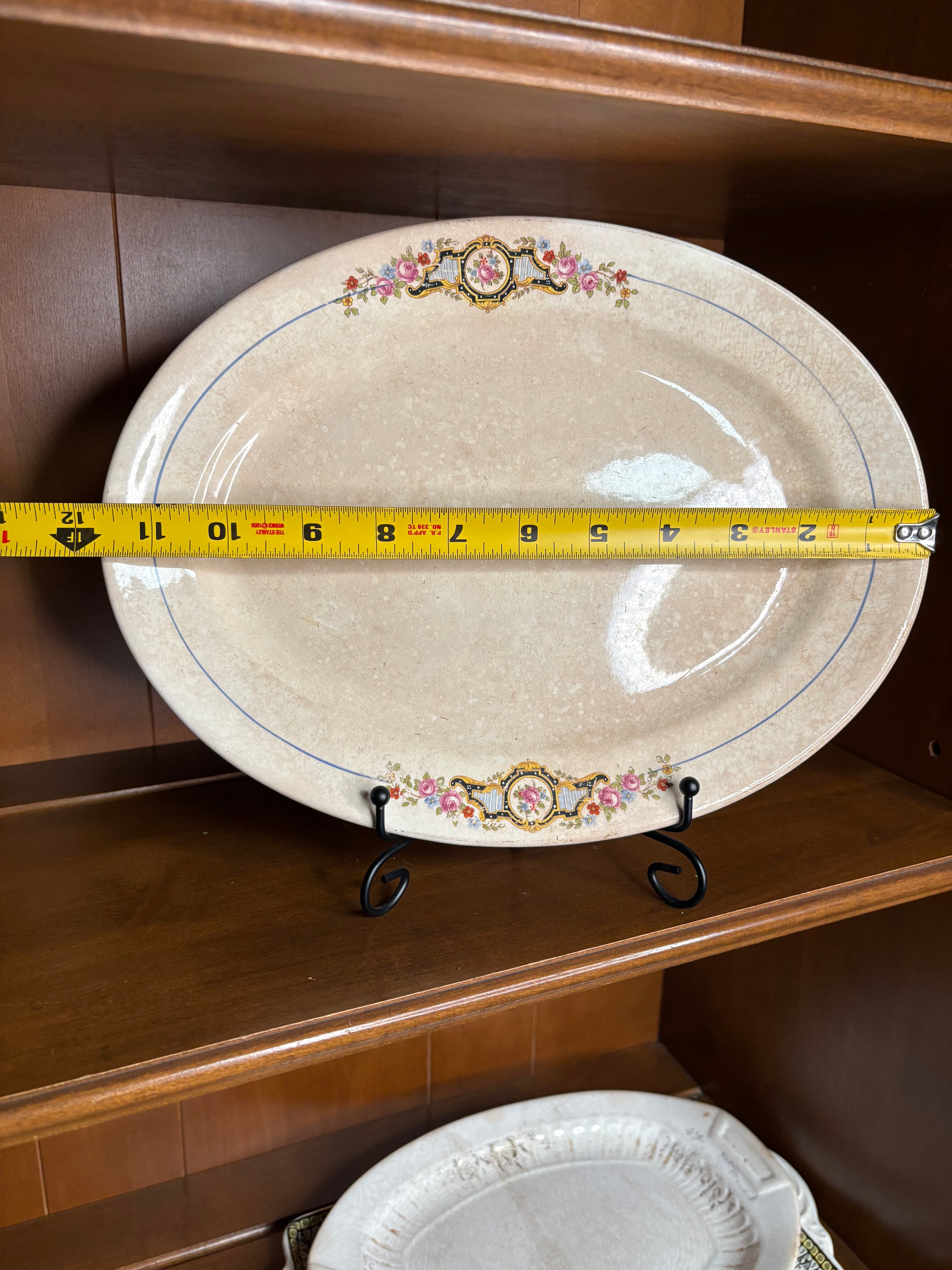 Vintage/Antique W.S. George Derwood Oval Serving Platter – Floral Blue Trim – Heavily Crazed & Stained - c. 1910-40