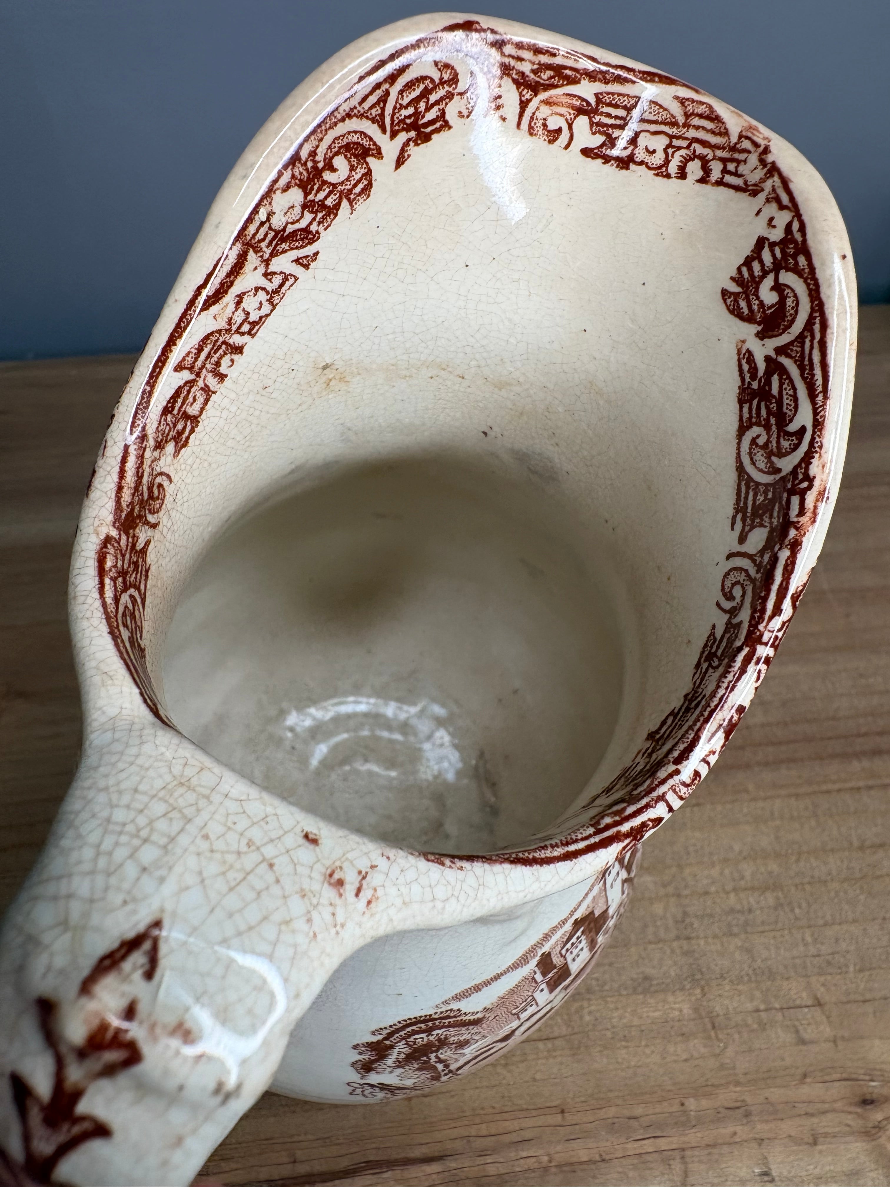 Antique Stained & Crazed Brown Transferware Pitcher – Primitive English Country Decor - See photos