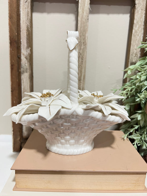 Vintage 50s Ceramic Poinsettia White Flower Basket Gold Paint Highlights
