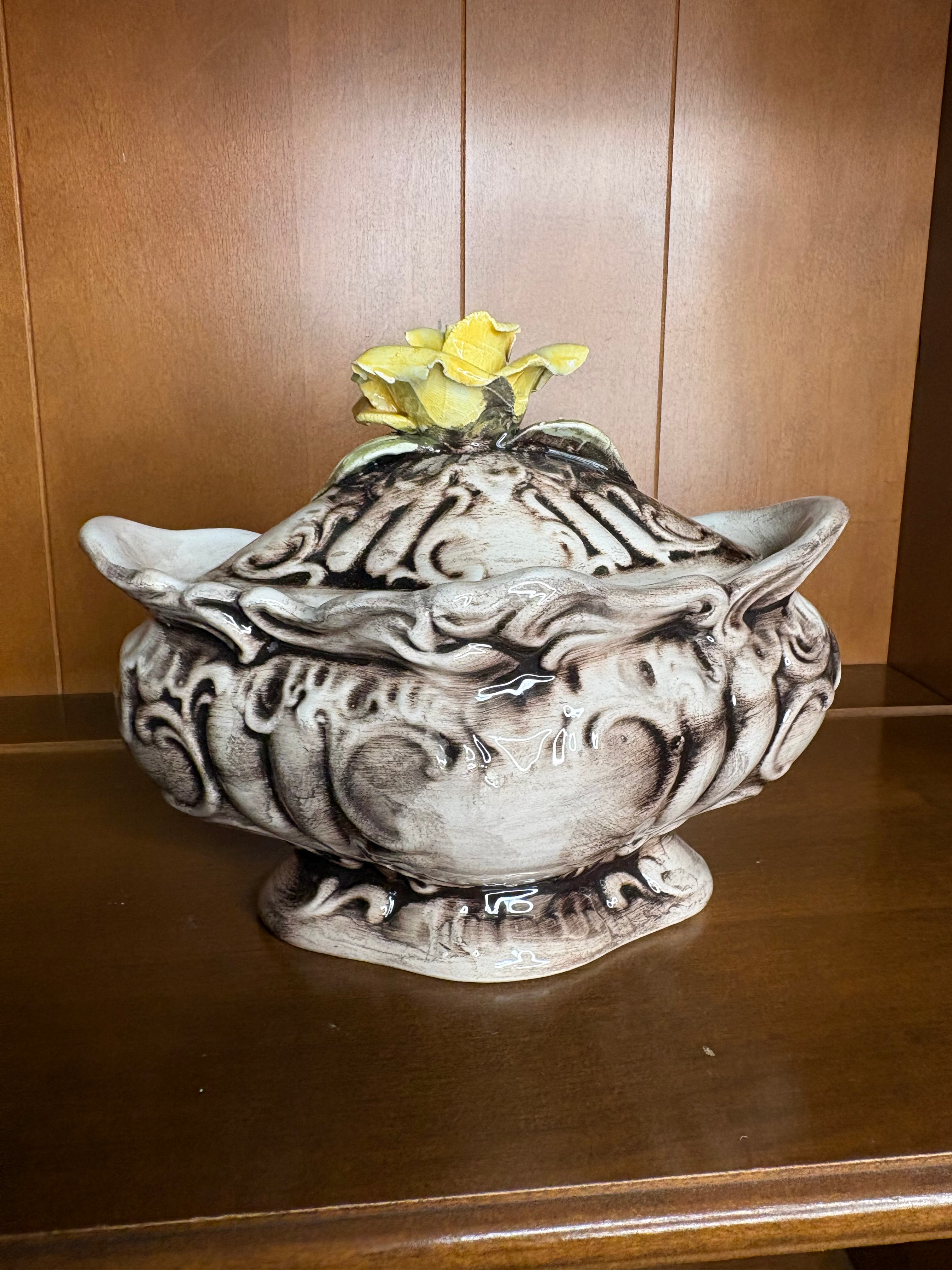 Vintage Italian Capodimonte Style Porcelain Covered Trinket with Applied Roses