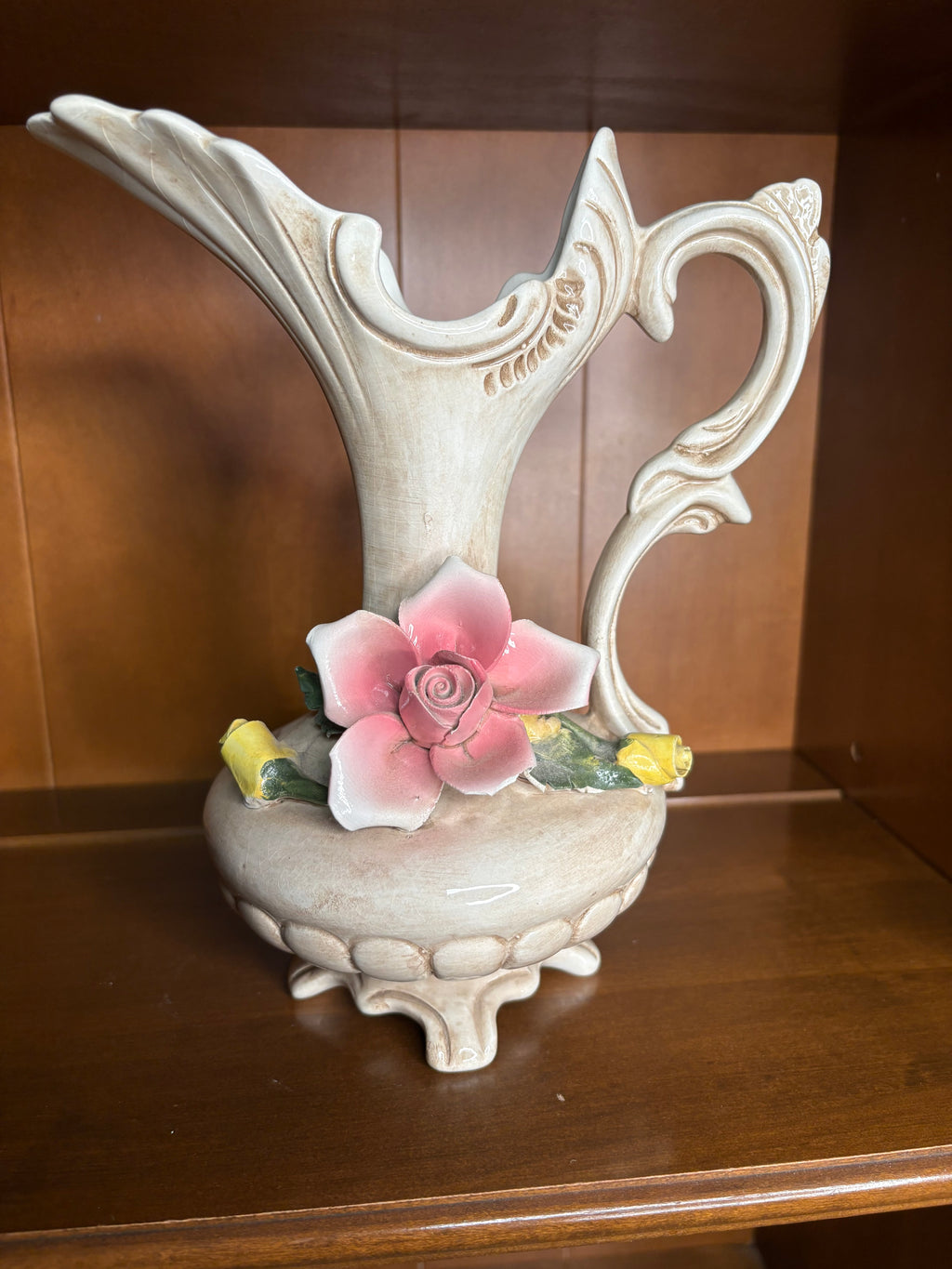 Vintage Italian Capodimonte Ornate Ceramic Pitcher Vase with Applied Roses - See pics
