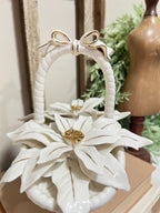 Vintage 50s Ceramic Poinsettia White Flower Basket Gold Paint Highlights