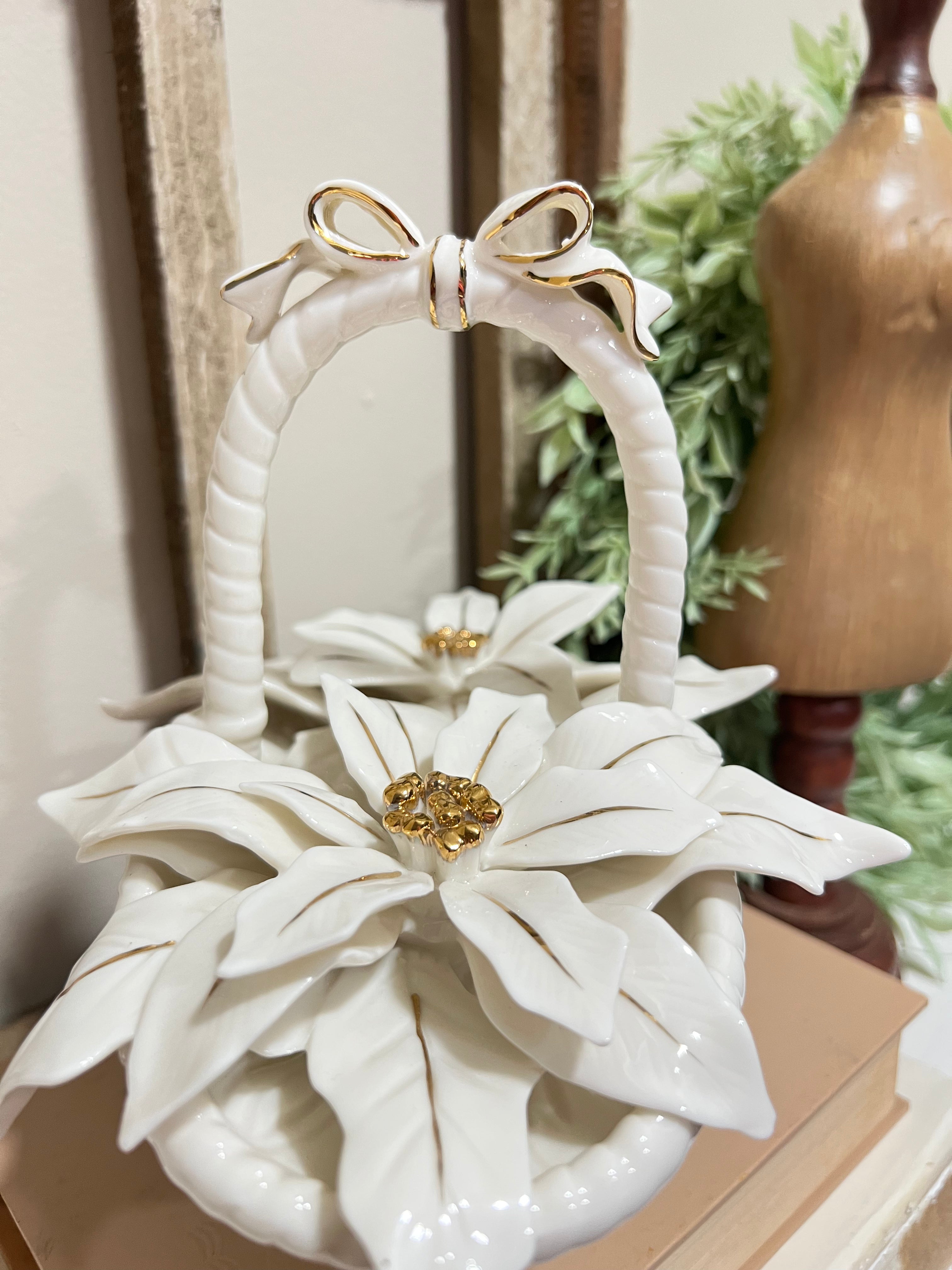 Vintage 50s Ceramic Poinsettia White Flower Basket Gold Paint Highlights