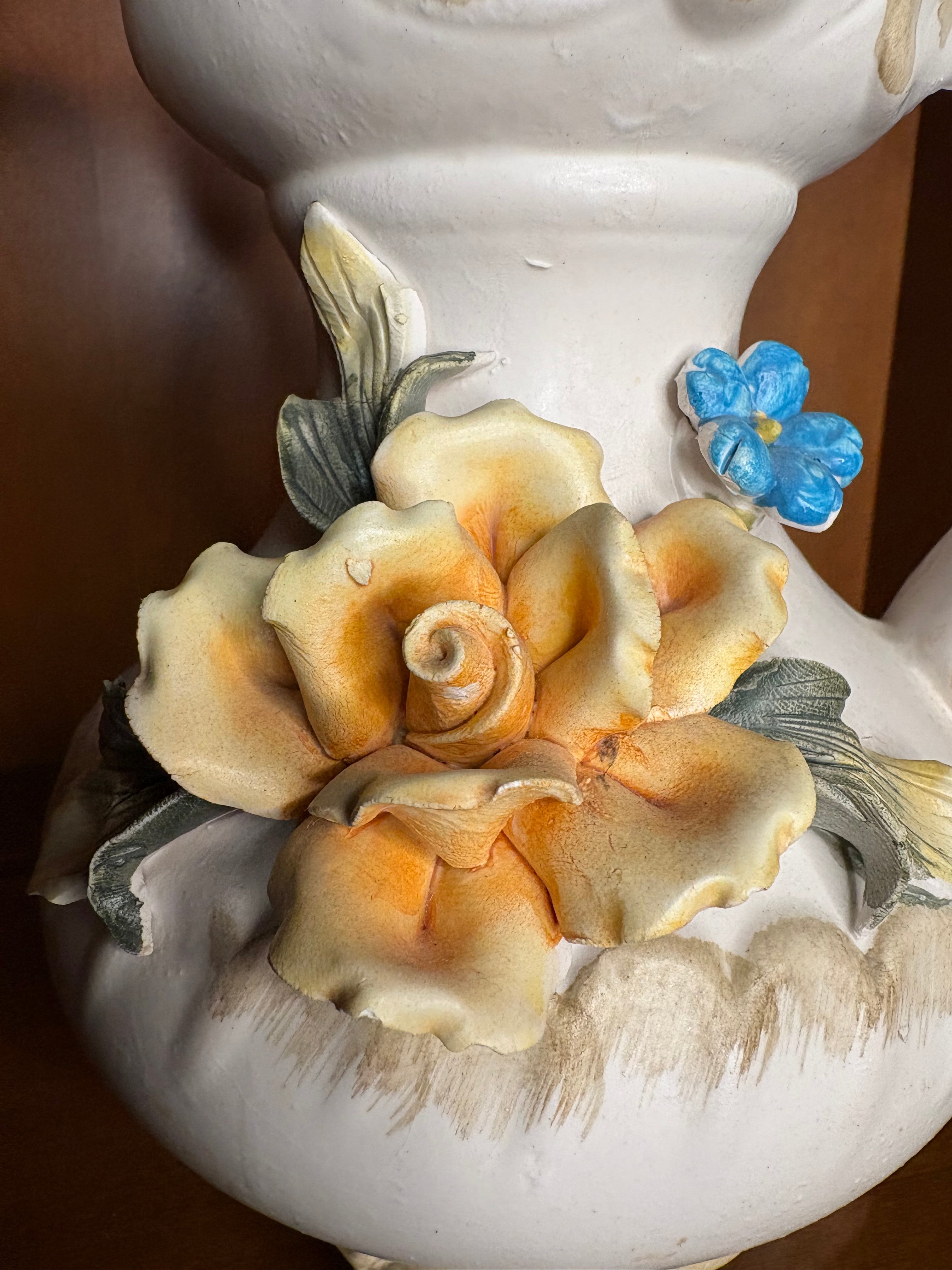 Vintage Italian Capodimonte Style Ornate Ewer Pitcher with Applied Flowers