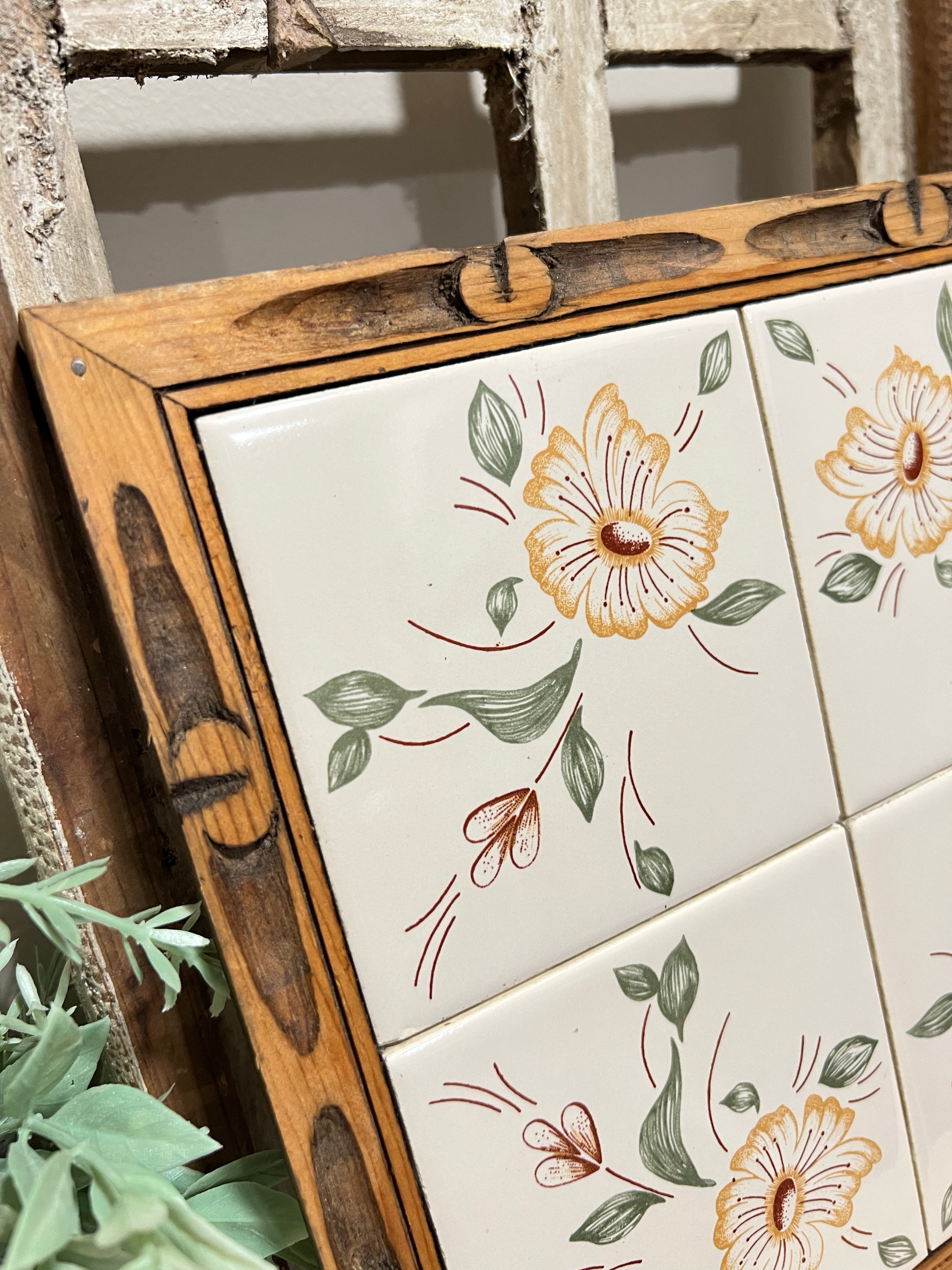 Dal-Tile Mexico hand painted trivet - hand carved wood frame
