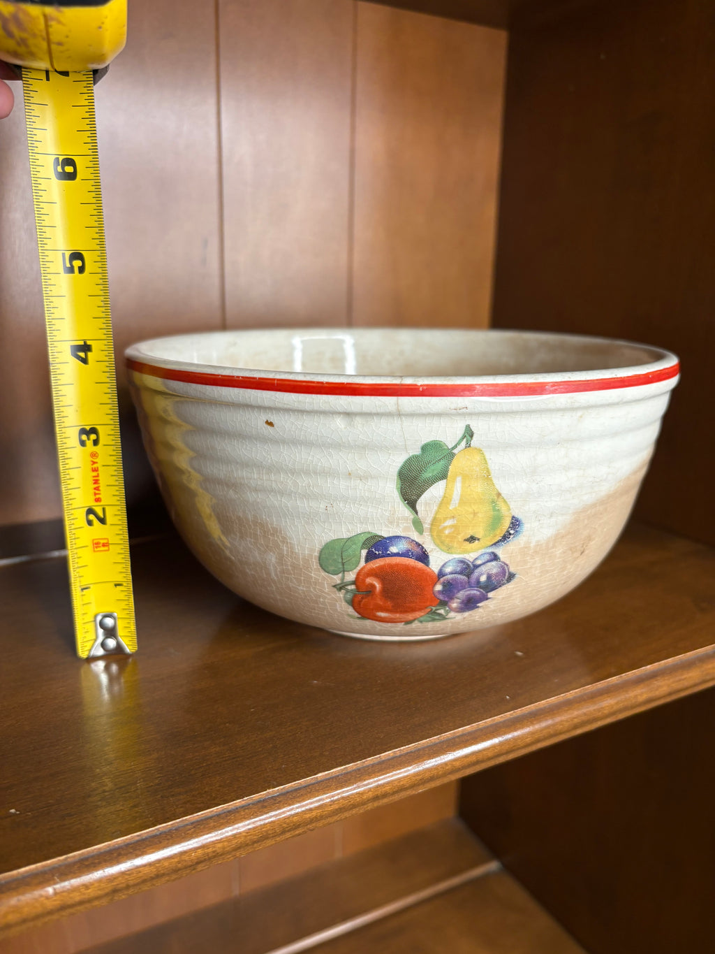 Vintage Stained & Crazed Cronin Pottery Bake Oven Mixing Bowl Fruit Red Stripe 1940s Farmhouse