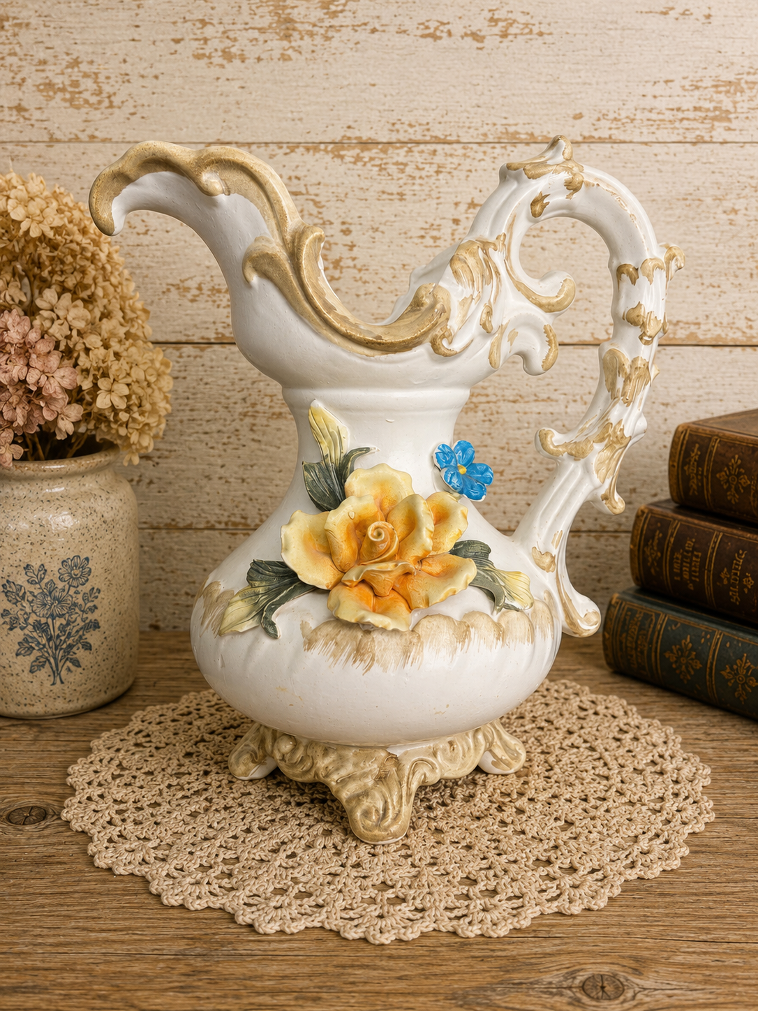 Vintage Italian Capodimonte Style Ornate Ewer Pitcher with Applied Flowers