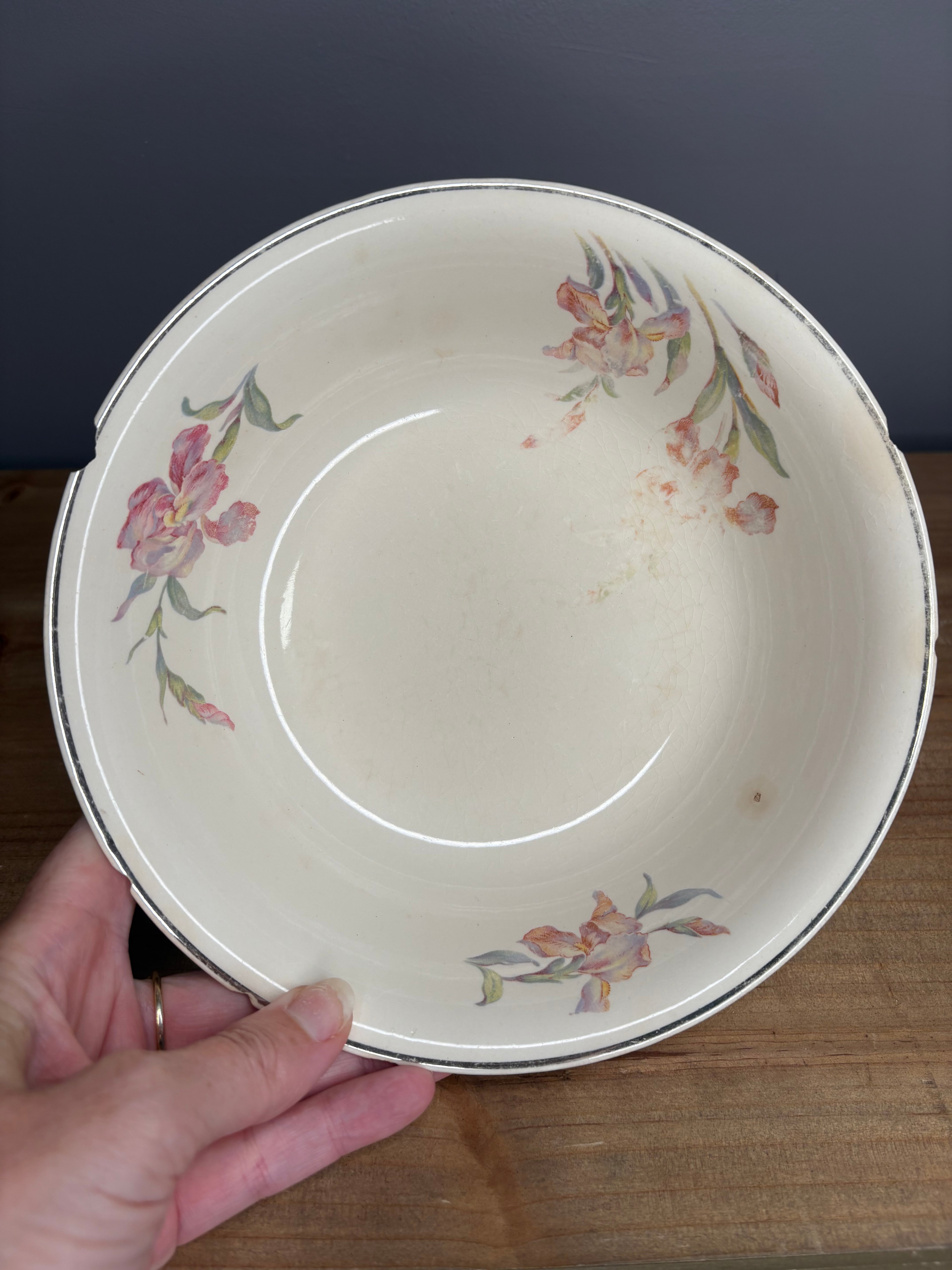 Vintage Stained & Crazed Universal Cambridge Floral Serving Bowl Oven Proof USA - See Pics