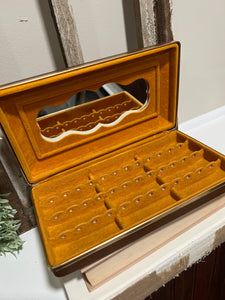VTG brown leatherette jewelry box, yellow felt, mid century traveling jewelry box
