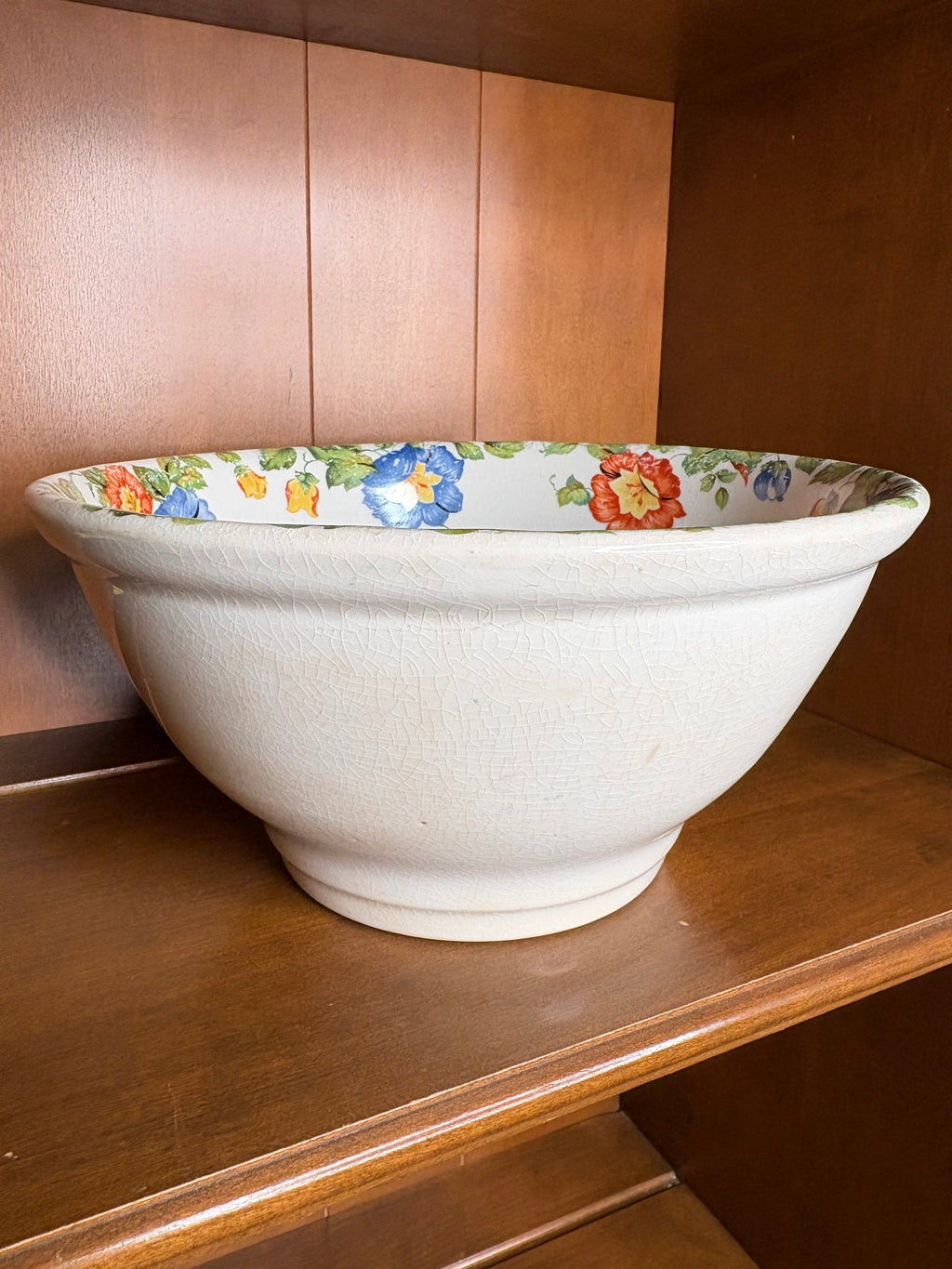 Vintage Crazed Harker Pottery “Sun Glow” White Mixing Bowl with Floral Interior Rim