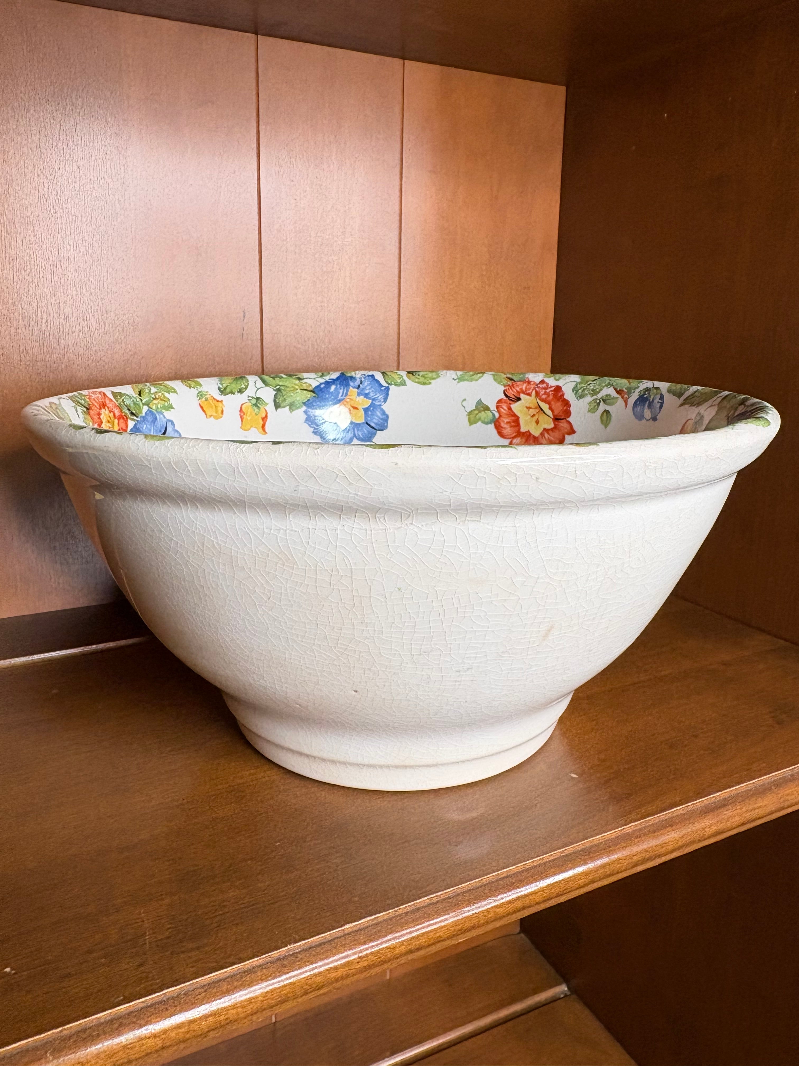 Vintage Crazed Harker Pottery “Sun Glow” White Mixing Bowl with Floral Interior Rim
