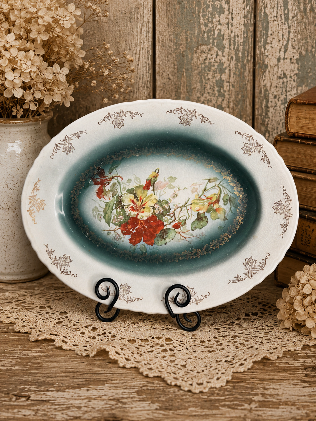 Antique Homer Laughlin Niagara Hudson Ironstone Floral Platter – Teal – c. 1910-12