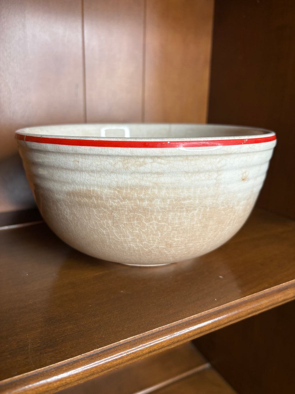 Vintage Stained & Crazed Cronin Pottery Bake Oven Mixing Bowl Fruit Red Stripe 1940s Farmhouse