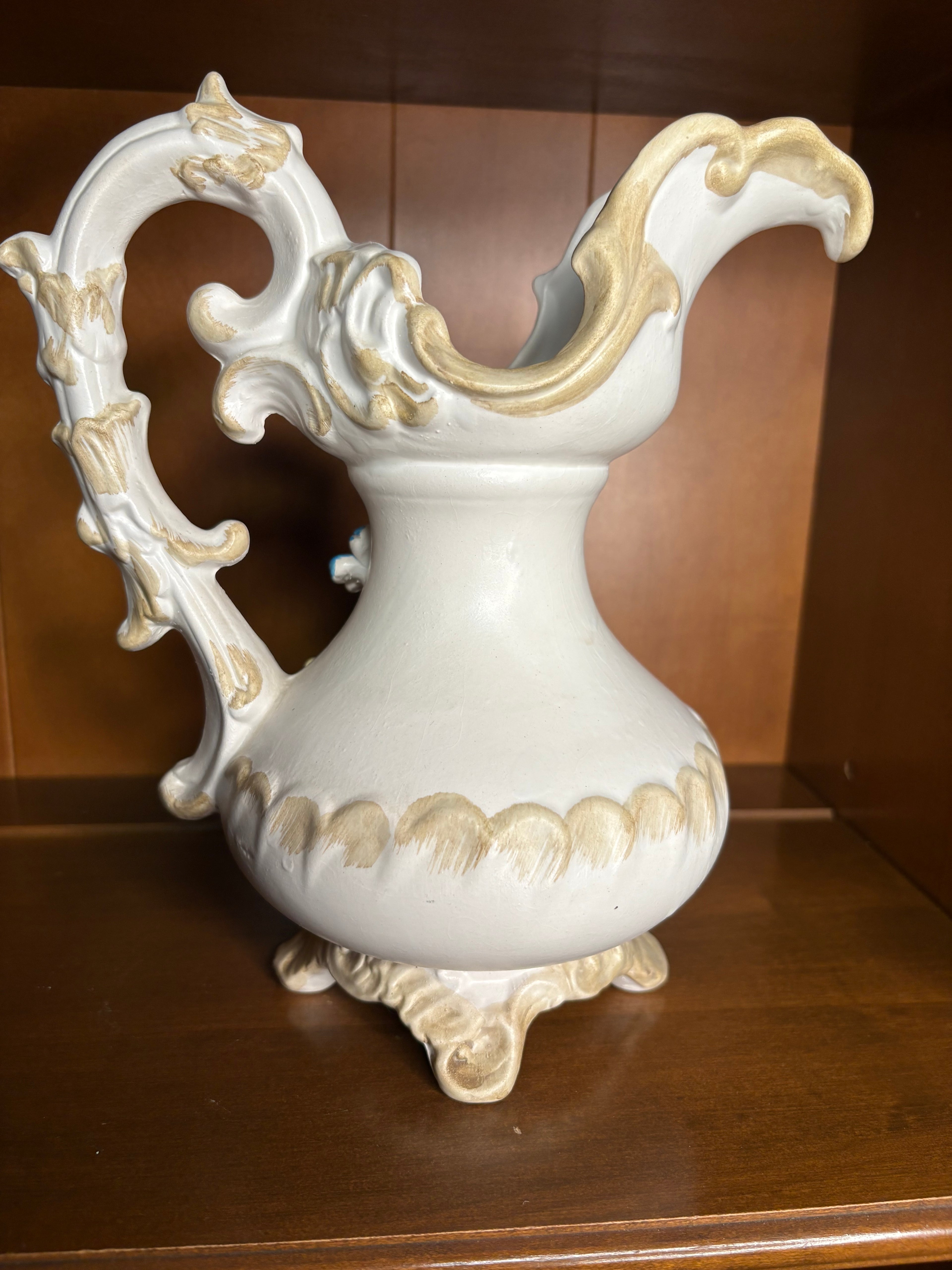 Vintage Italian Capodimonte Style Ornate Ewer Pitcher with Applied Flowers