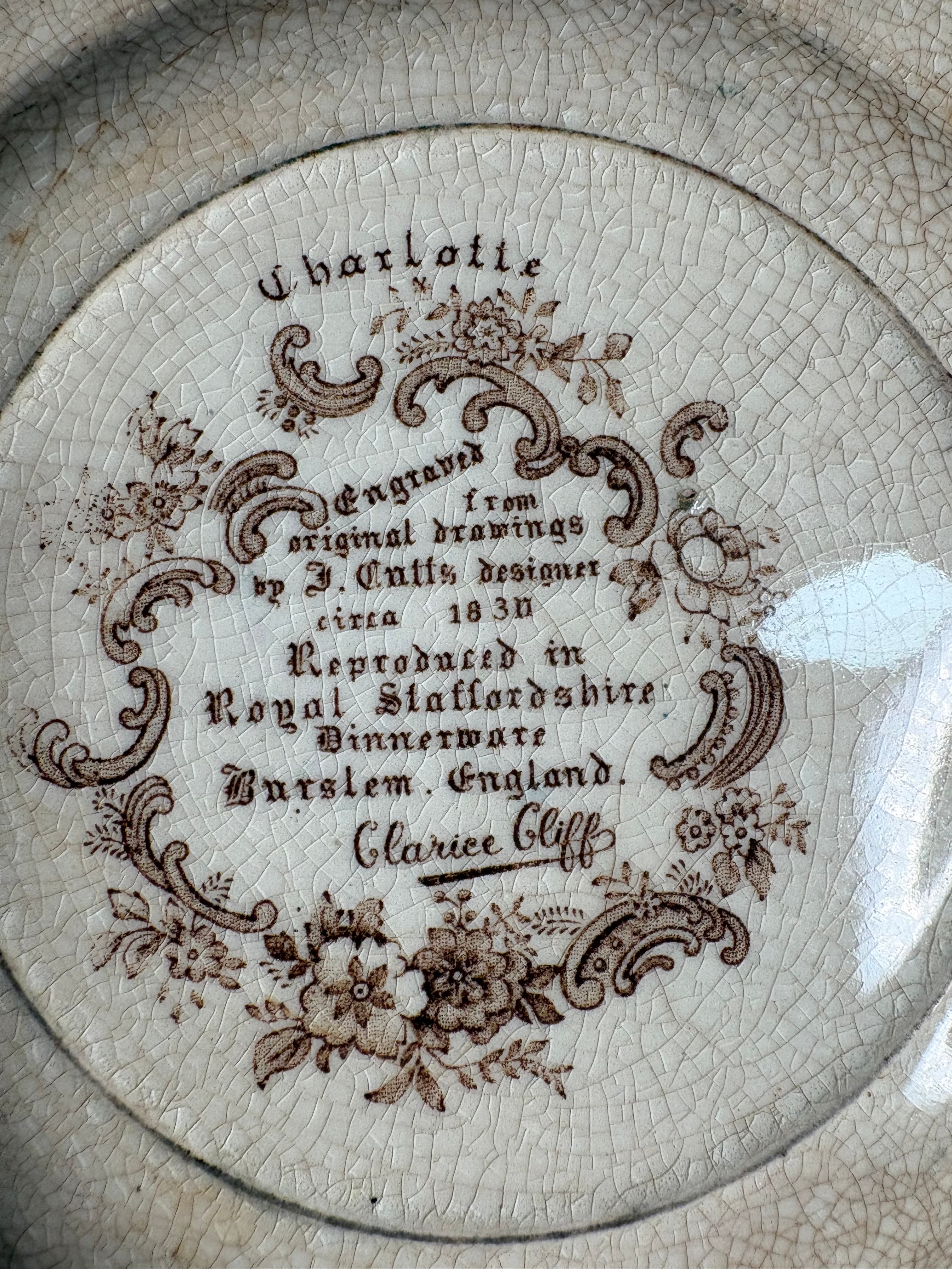 Vintage Clarice Cliff Charlotte Royal Staffordshire Brown Transferware Floral Plate England - Hairline