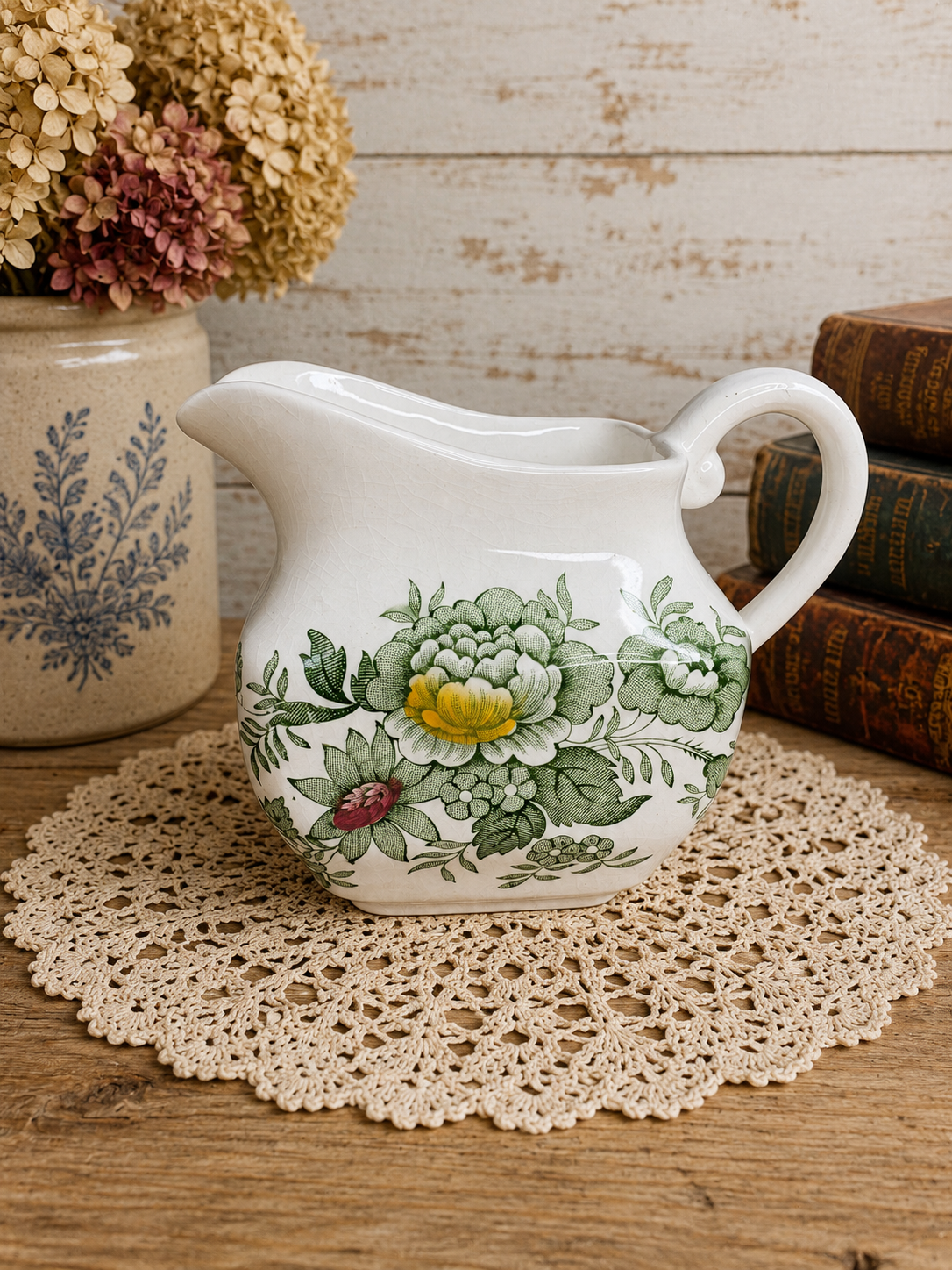 Vintage Wedgwood Kent England Floral Ironstone Pitcher – Green Transferware