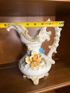 Vintage Italian Capodimonte Style Ornate Ewer Pitcher with Applied Flowers