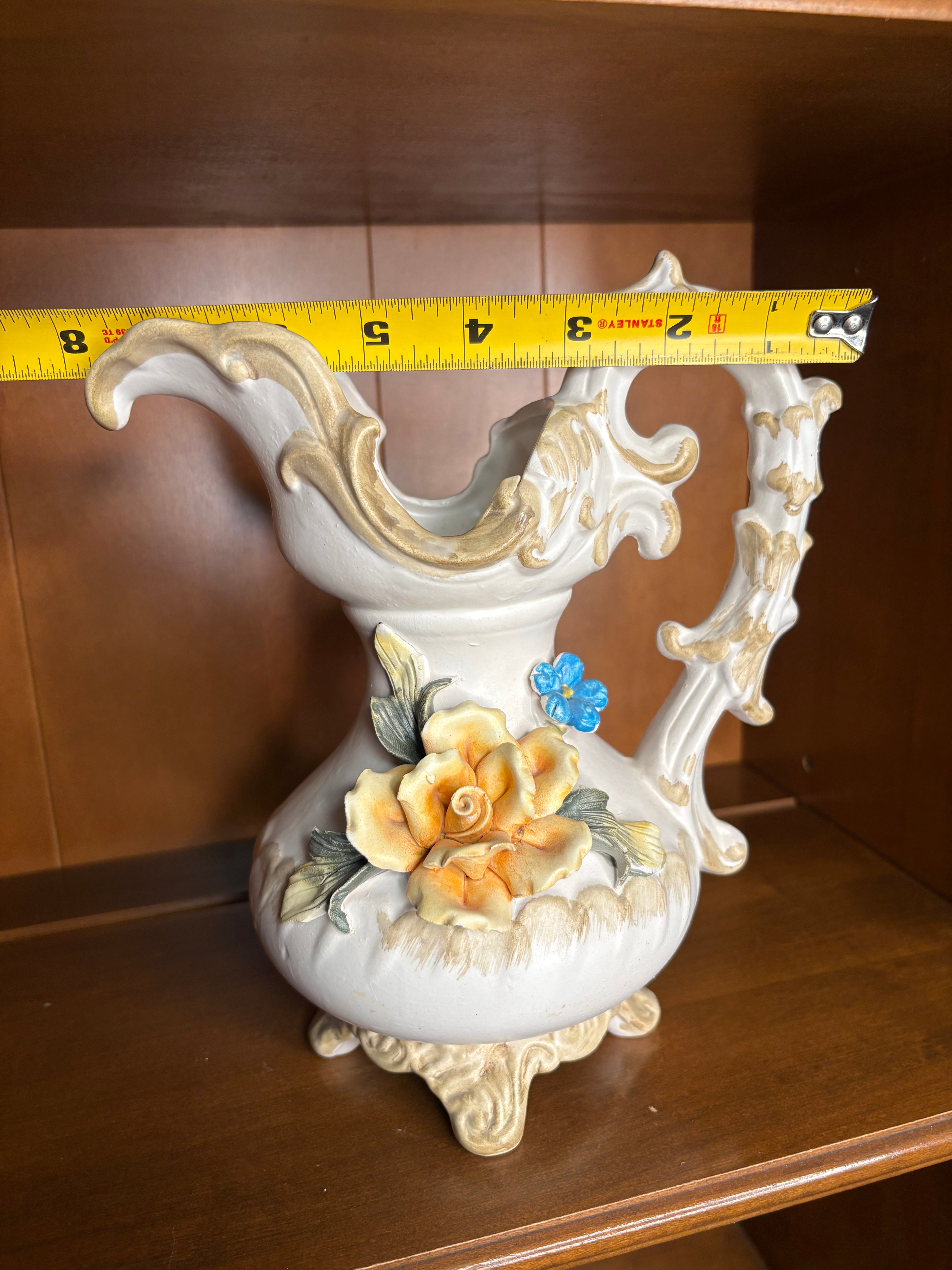 Vintage Italian Capodimonte Style Ornate Ewer Pitcher with Applied Flowers