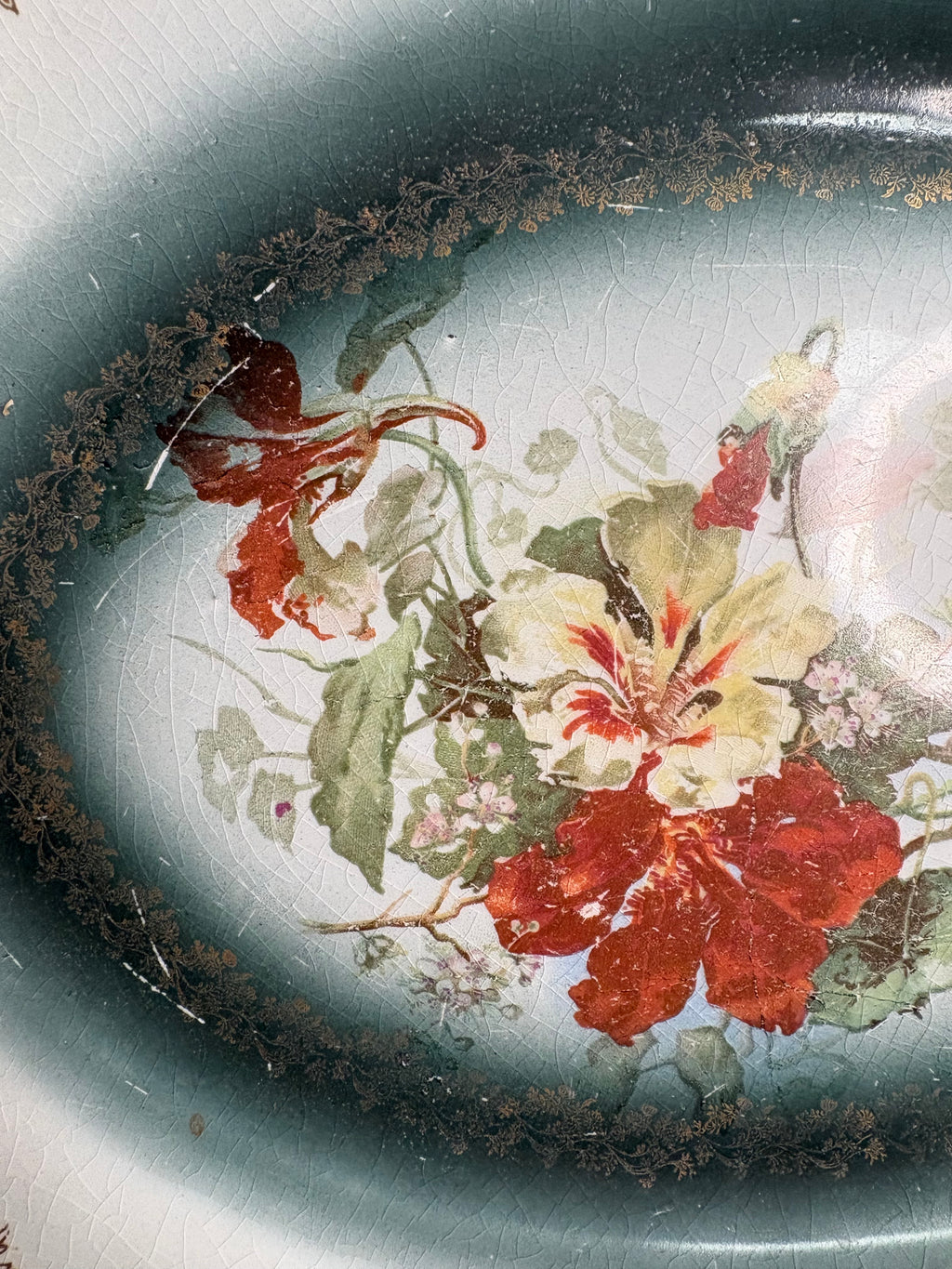 Antique Homer Laughlin Niagara Hudson Ironstone Floral Platter – Teal – c. 1910-12