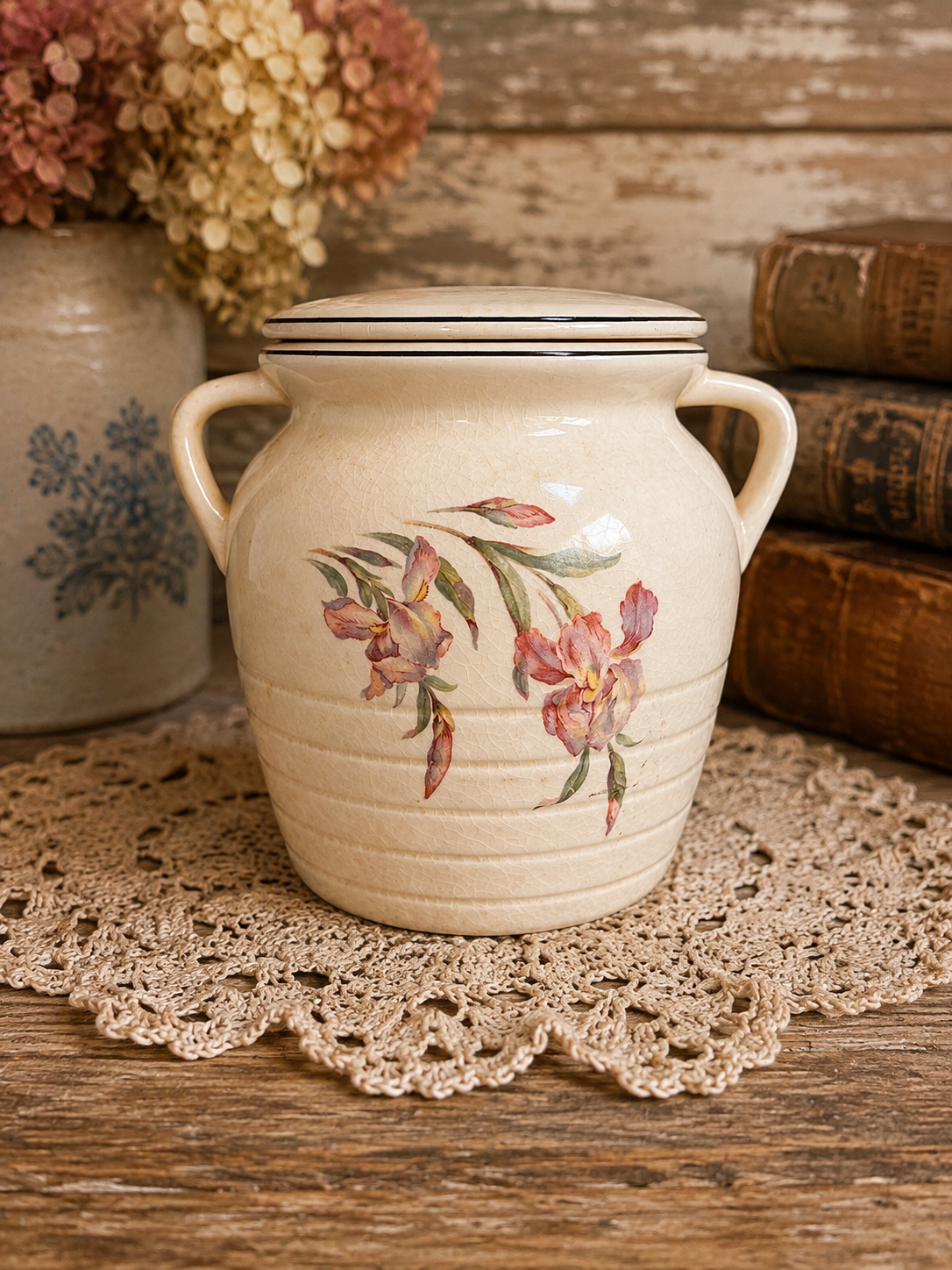 Vintage Stained & Crazed Universal Cambridge Covered Bean Pot Casserole Floral USA