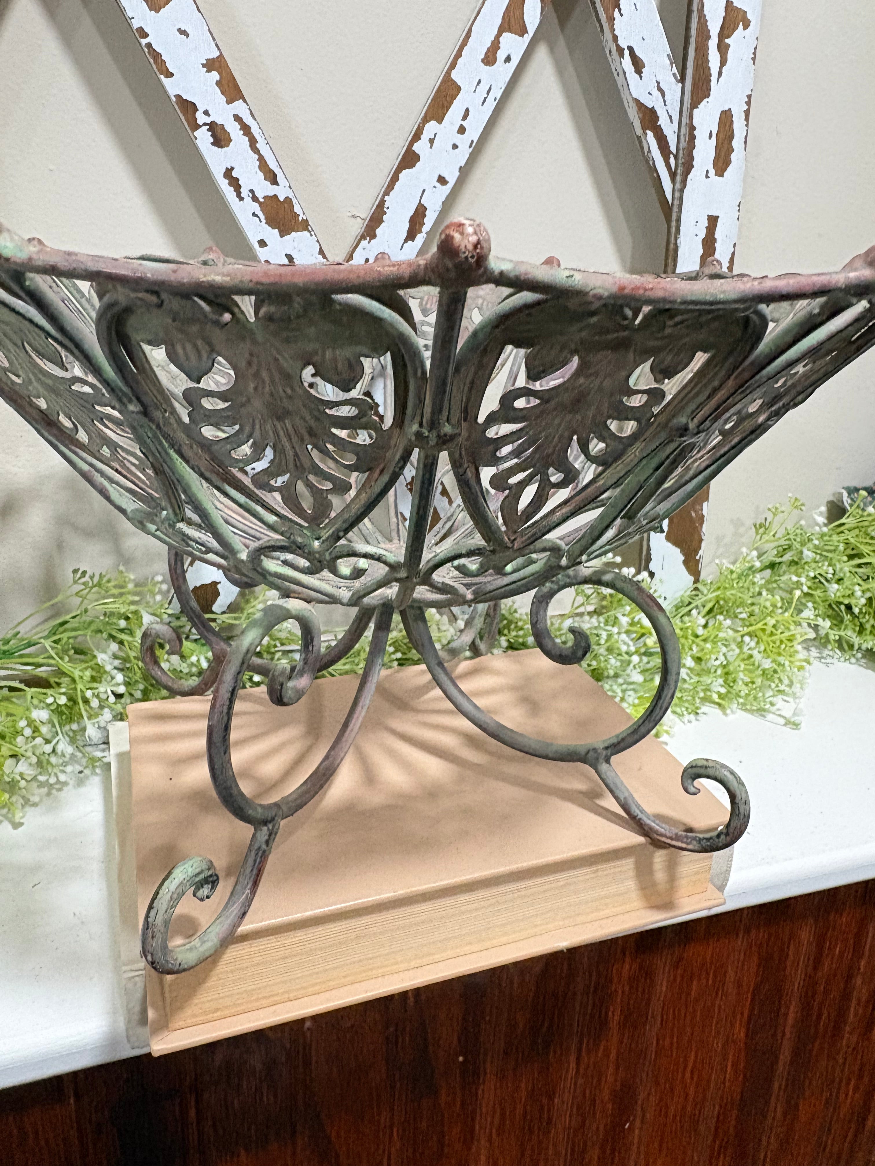 Vintage Metal Filigree Fruit Bowl with Verdigris color - Metal scroll work decorative bowl