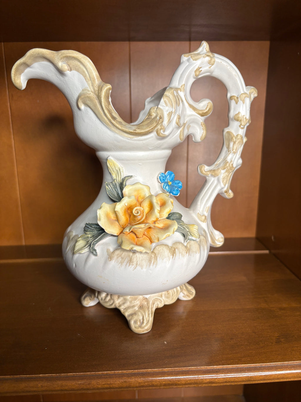 Vintage Italian Capodimonte Style Ornate Ewer Pitcher with Applied Flowers