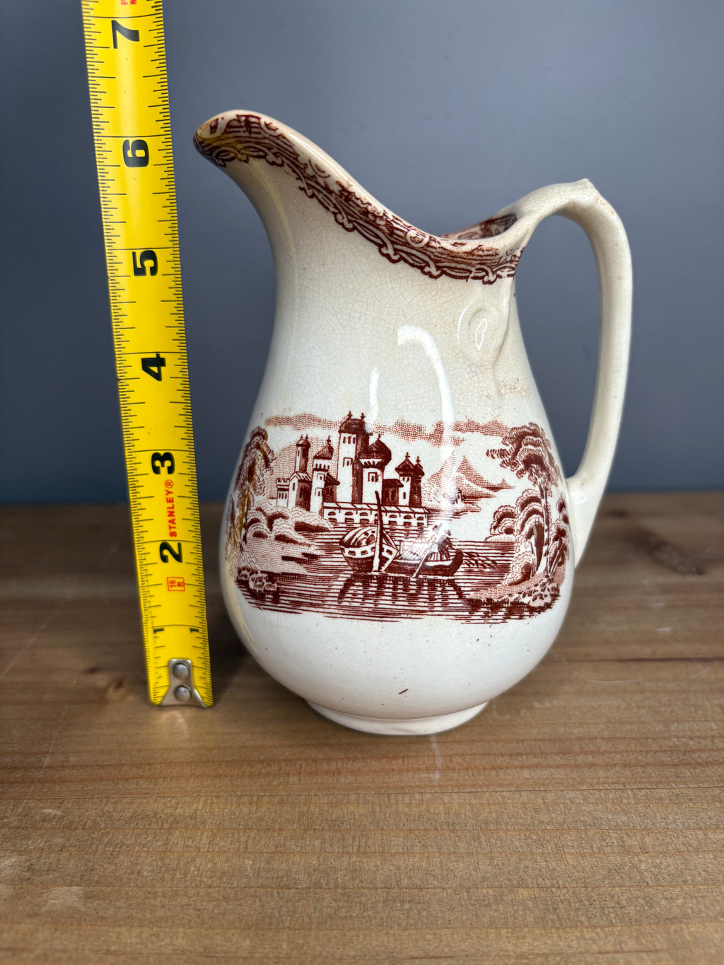 Antique Stained & Crazed Brown Transferware Pitcher – Primitive English Country Decor - See photos