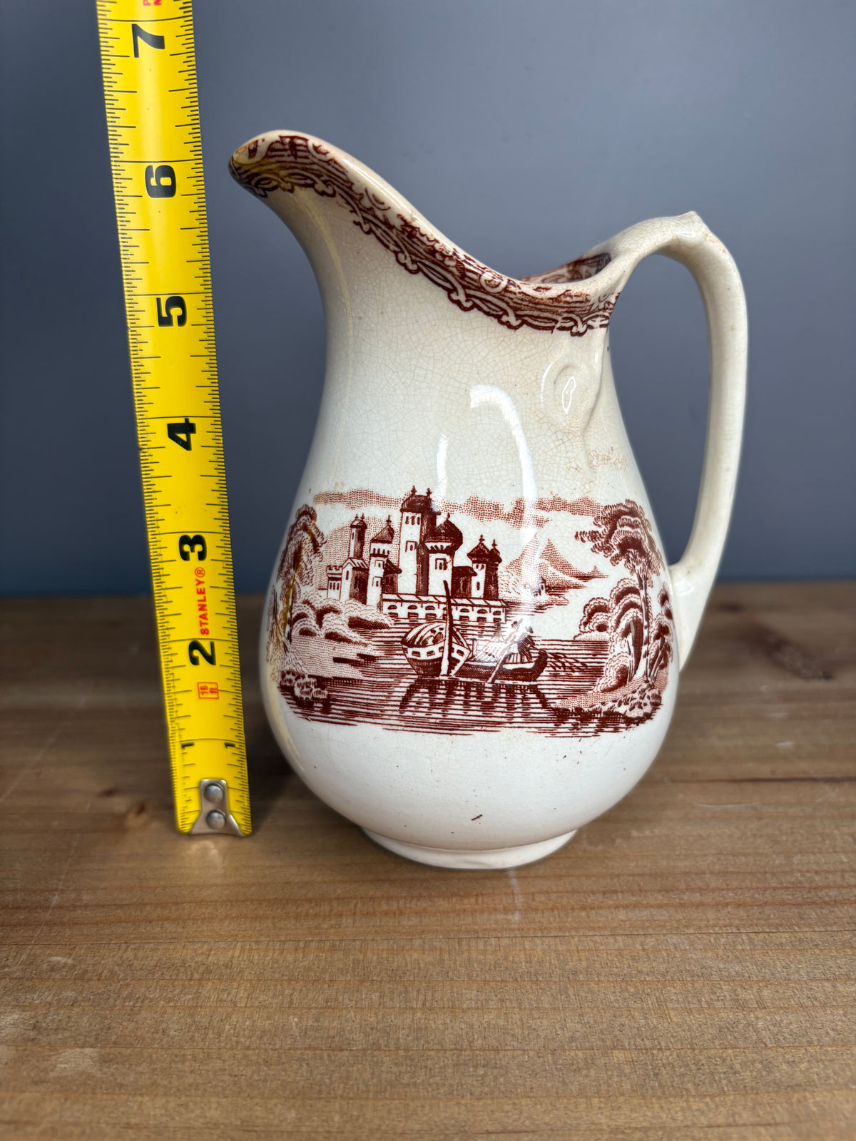 Antique Stained & Crazed Brown Transferware Pitcher – Primitive English Country Decor - See photos