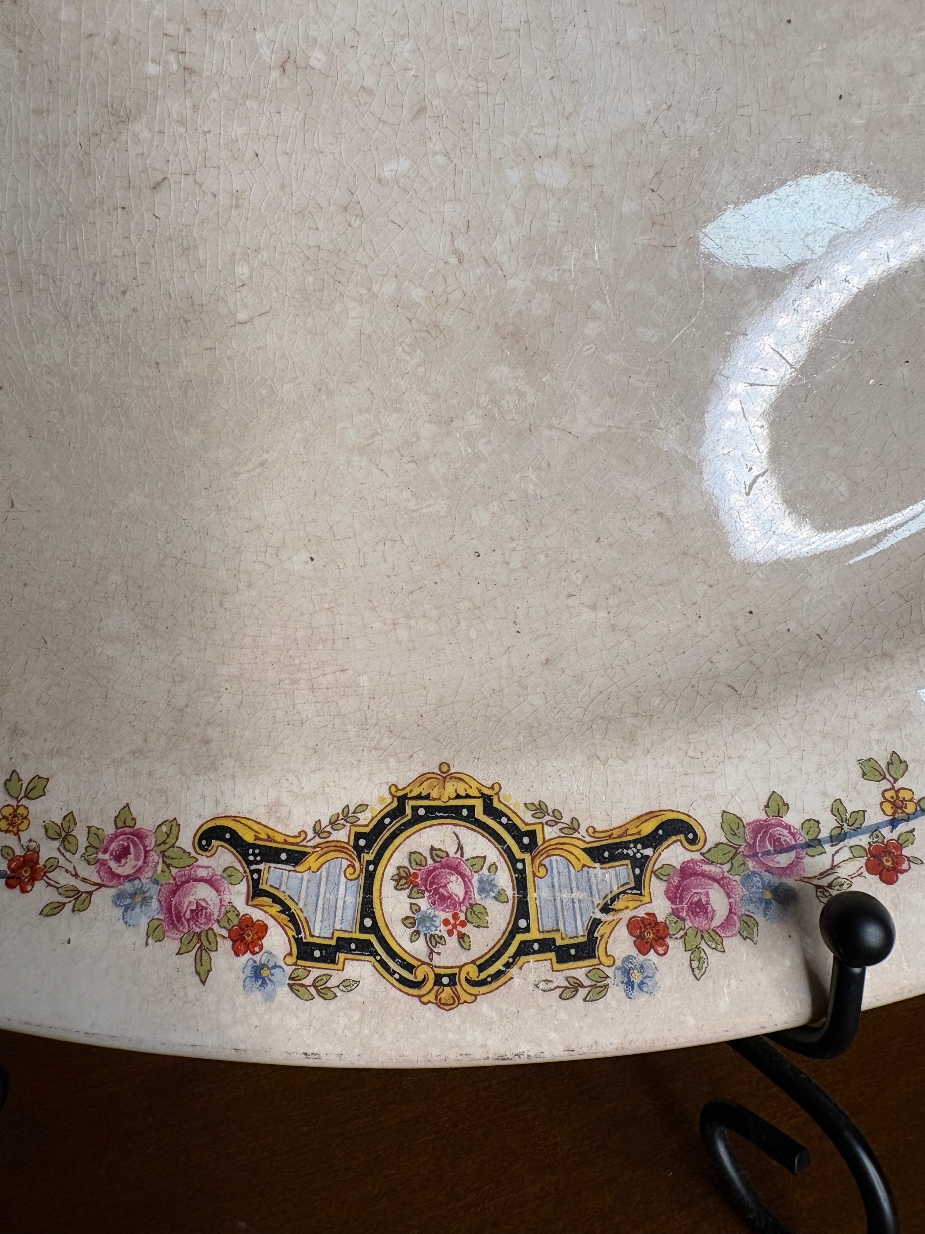 Vintage/Antique W.S. George Derwood Oval Serving Platter – Floral Blue Trim – Heavily Crazed & Stained - c. 1910-40