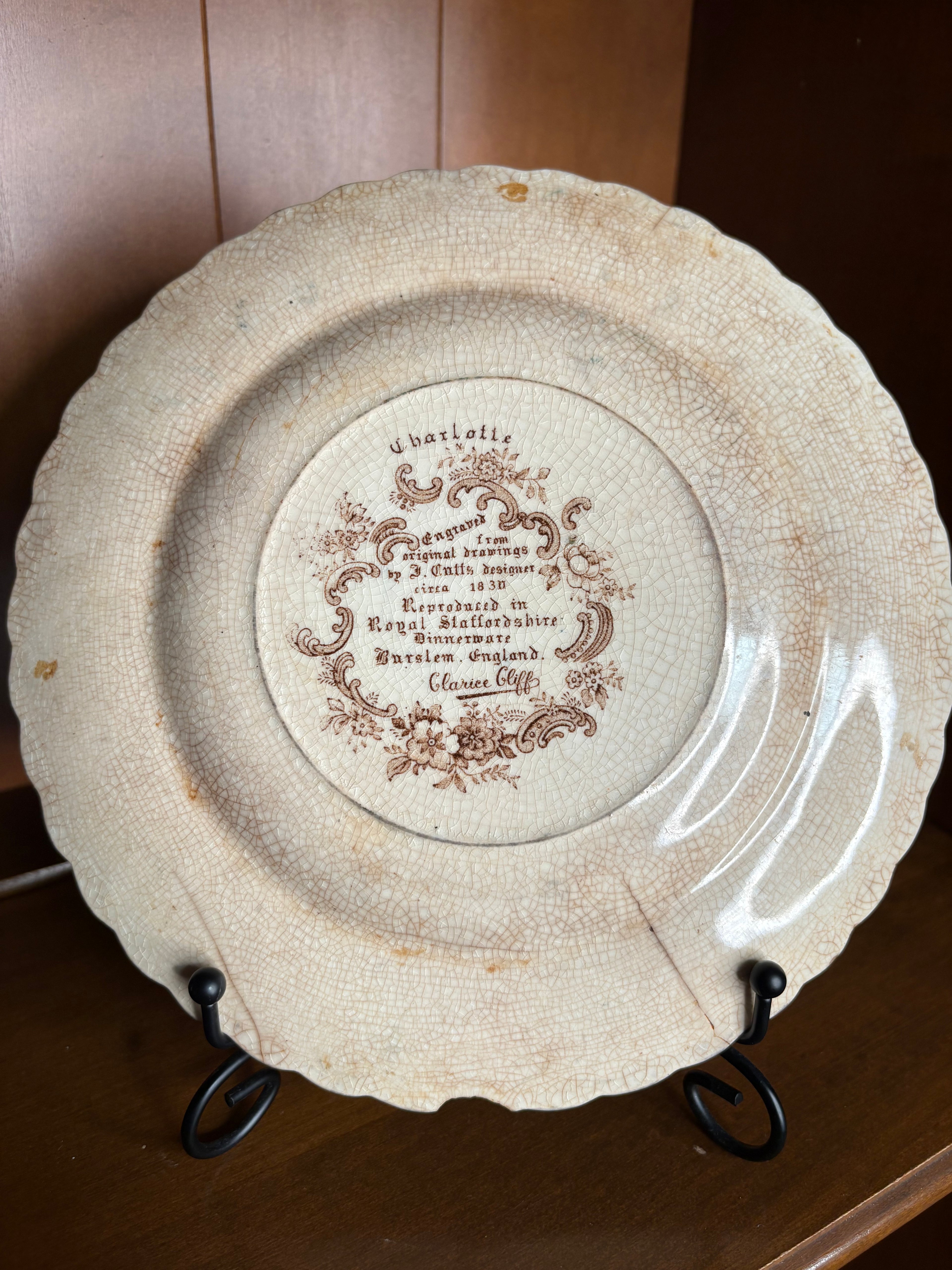 Vintage Clarice Cliff Charlotte Royal Staffordshire Brown Transferware Floral Plate England - Hairline