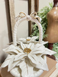 Vintage 50s Ceramic Poinsettia White Flower Basket Gold Paint Highlights