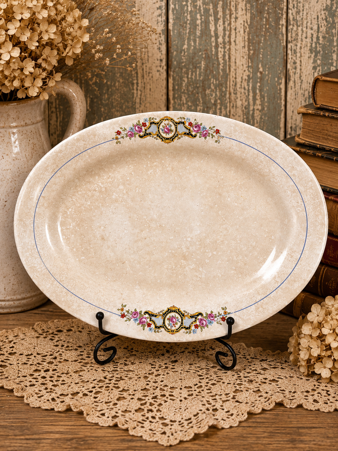 Vintage/Antique W.S. George Derwood Oval Serving Platter – Floral Blue Trim – Heavily Crazed & Stained - c. 1910-40