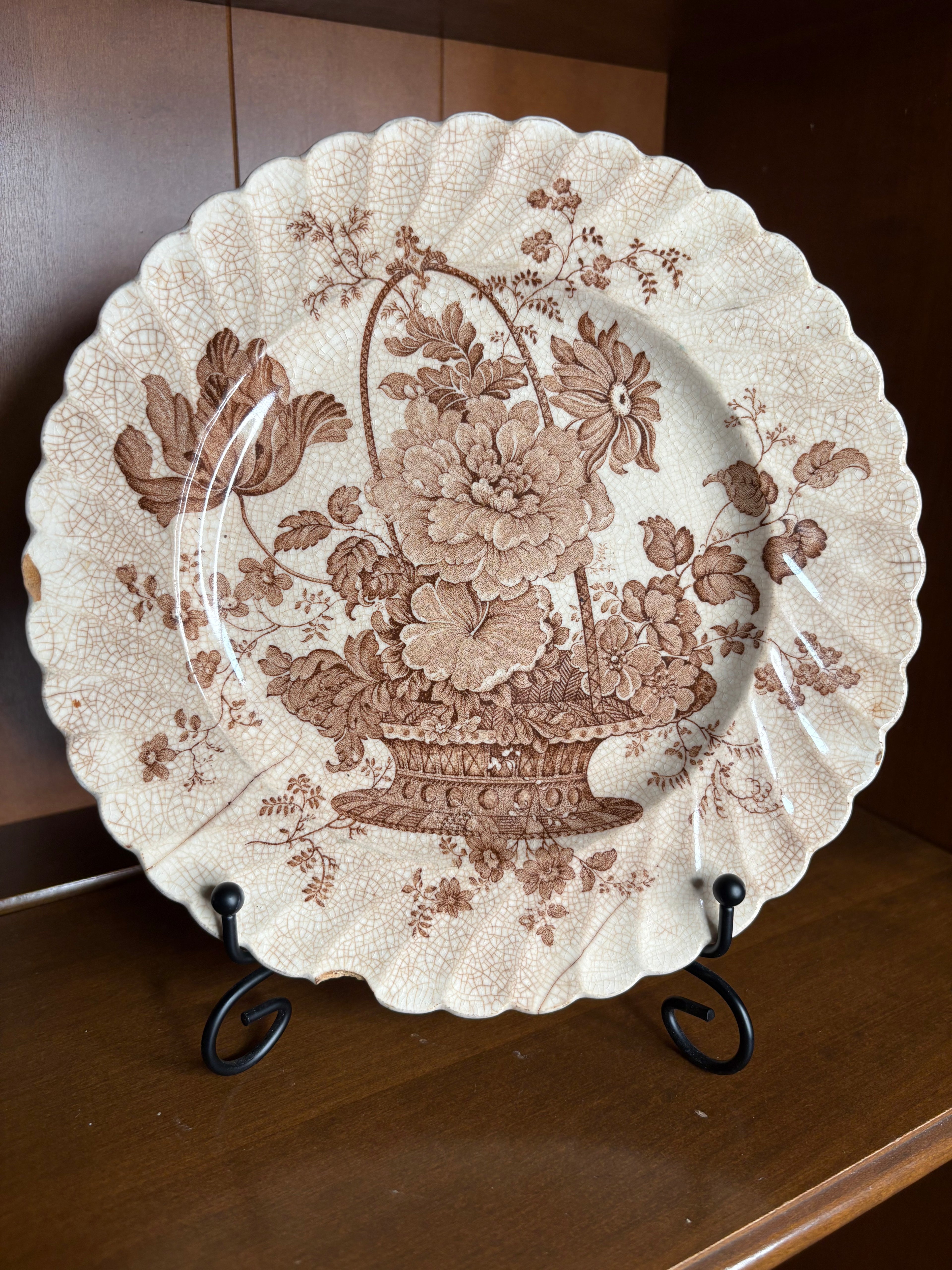 Vintage Clarice Cliff Charlotte Royal Staffordshire Brown Transferware Floral Plate England - Hairline