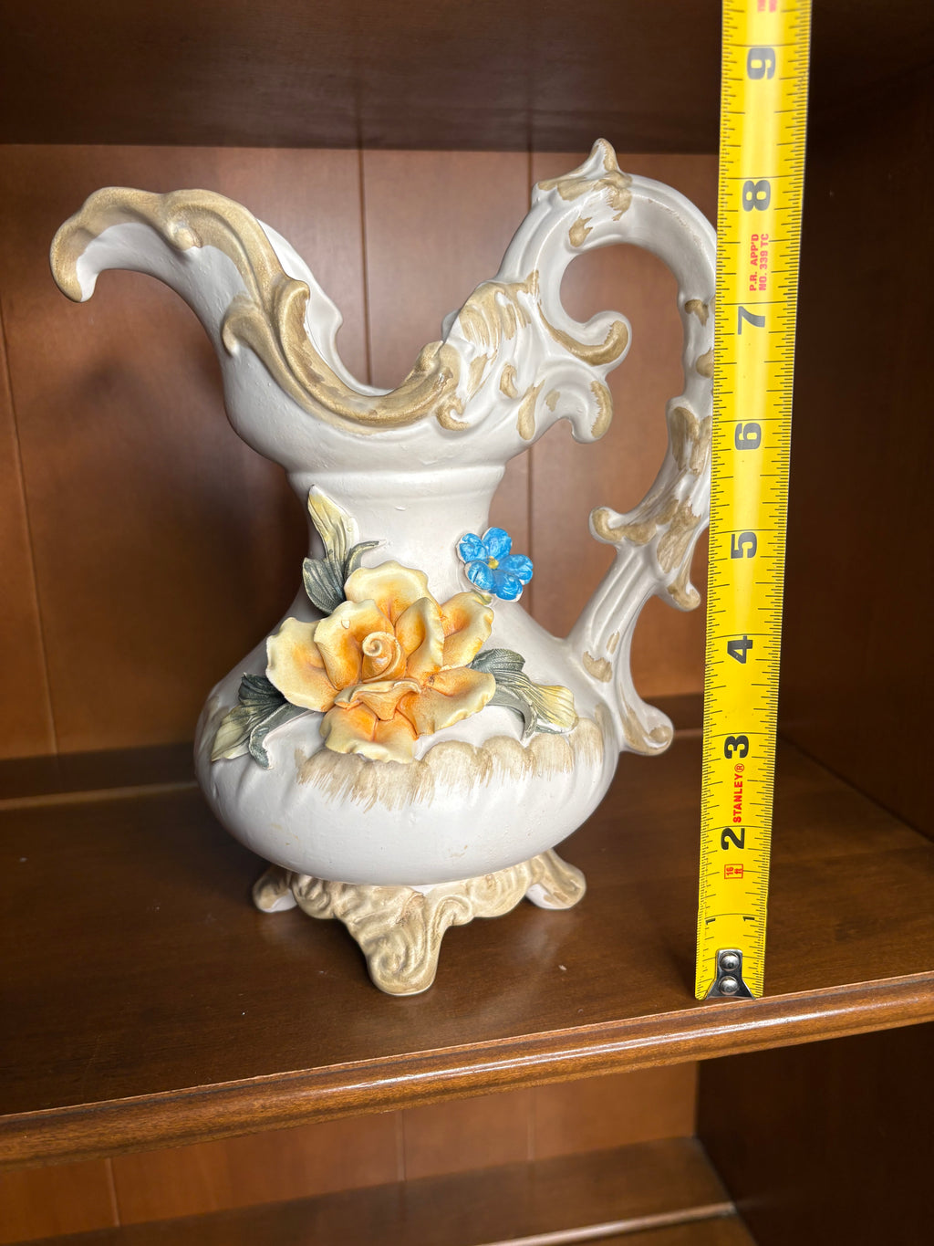 Vintage Italian Capodimonte Style Ornate Ewer Pitcher with Applied Flowers