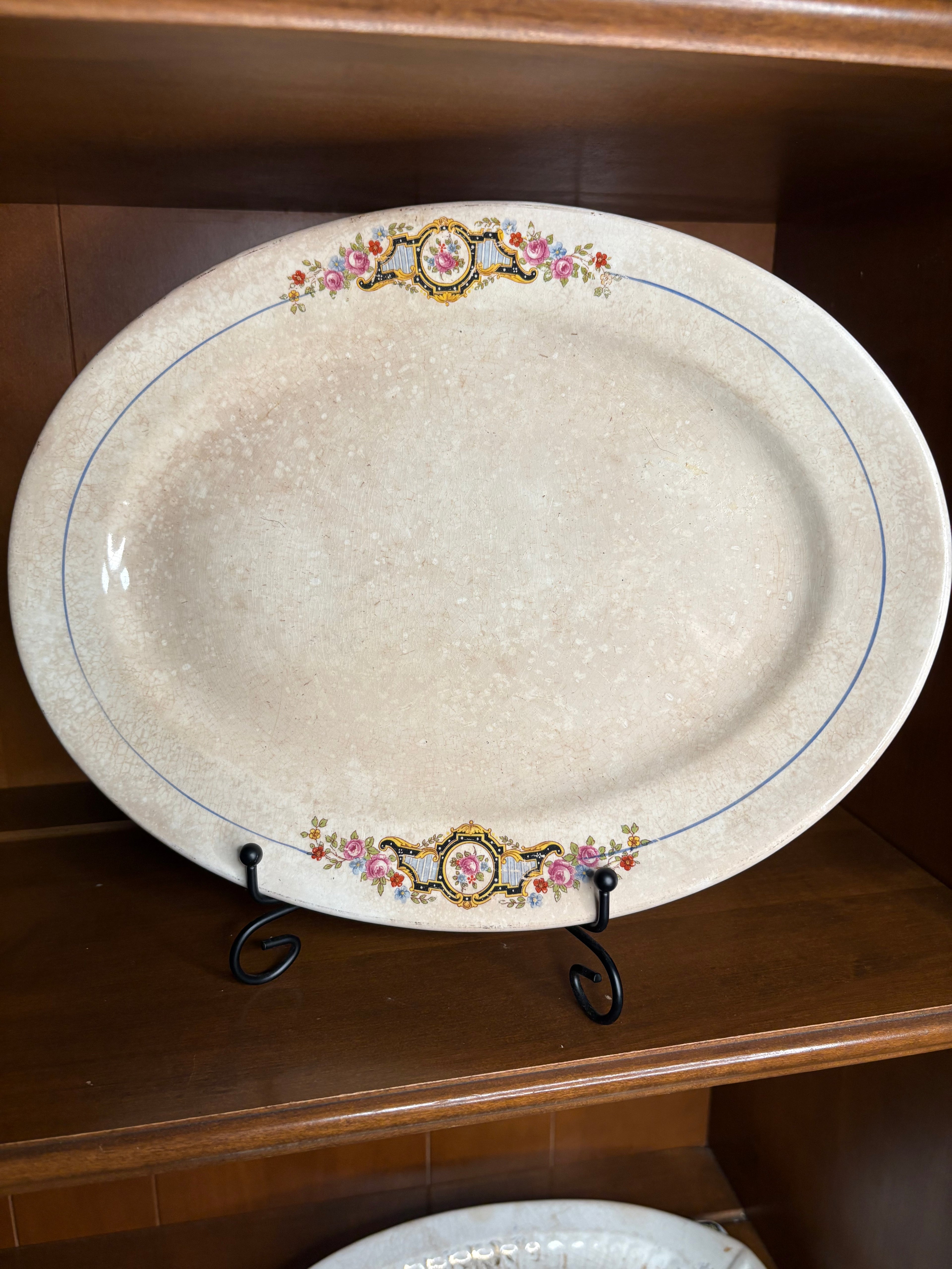 Vintage/Antique W.S. George Derwood Oval Serving Platter – Floral Blue Trim – Heavily Crazed & Stained - c. 1910-40