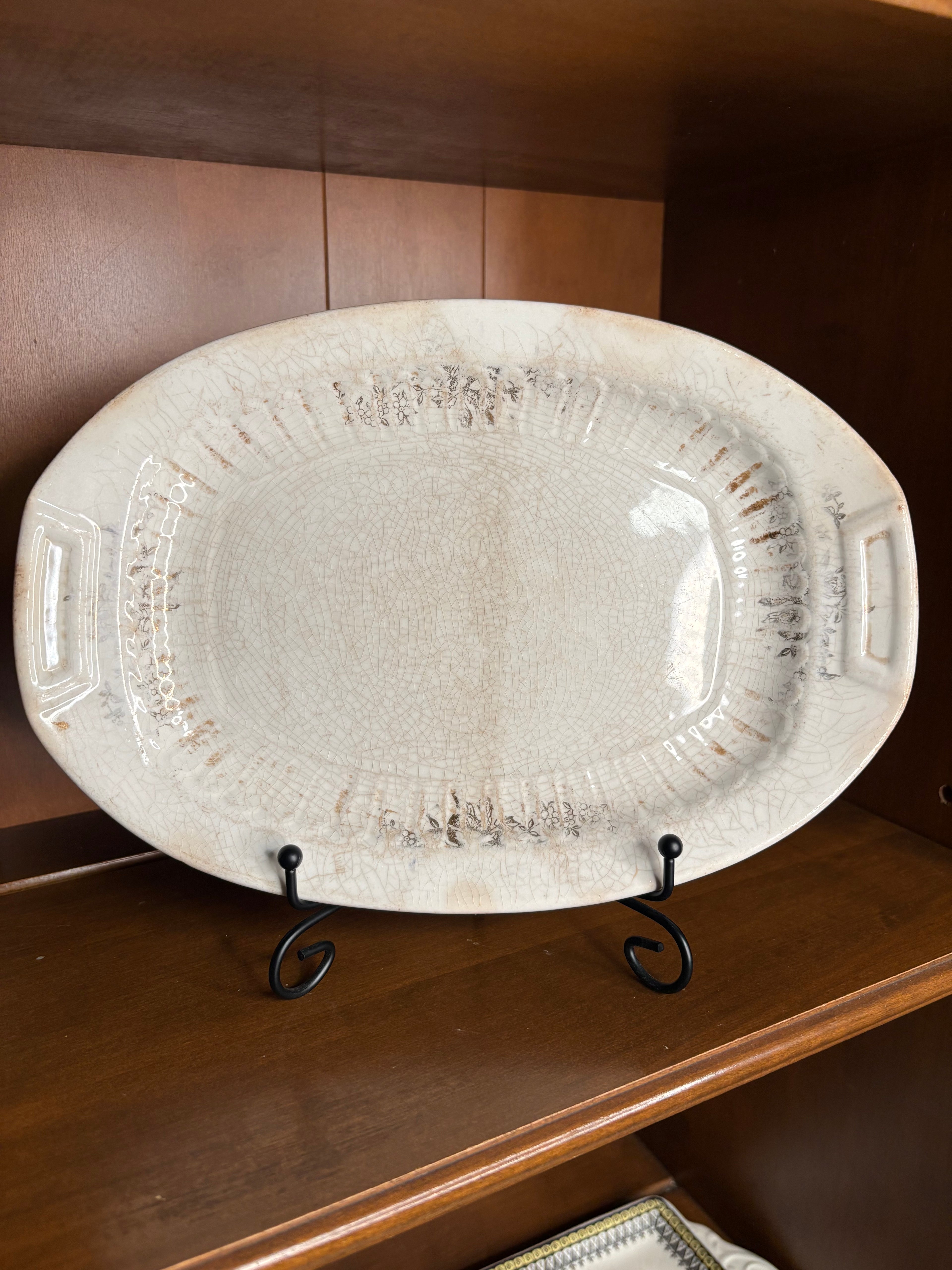 Antique Stained & Crazed Edwin M. Knowles China Co. Oval Ironstone Serving Platter