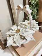 Vintage 50s Ceramic Poinsettia White Flower Basket Gold Paint Highlights