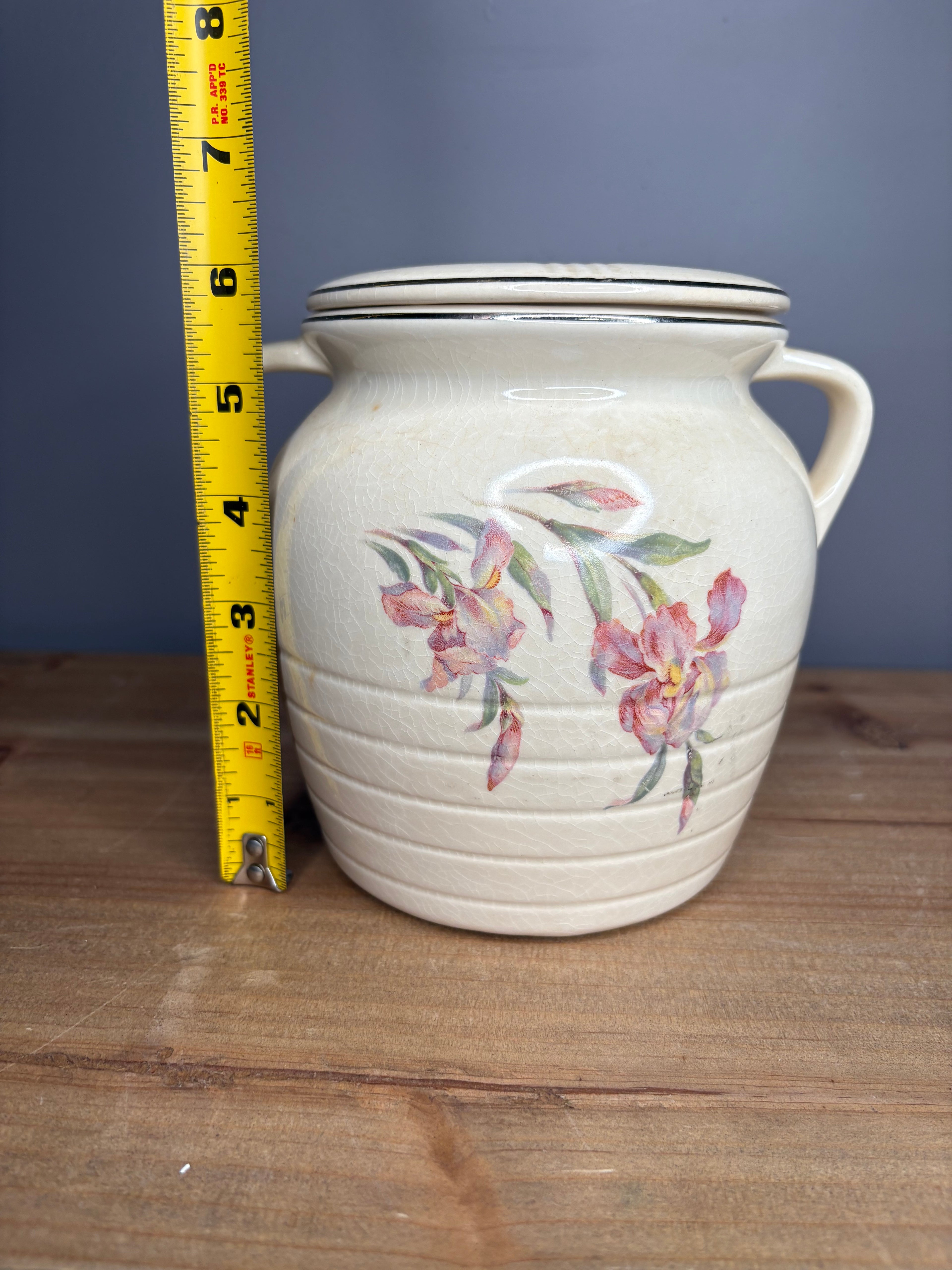 Vintage Stained & Crazed Universal Cambridge Covered Bean Pot Casserole Floral USA
