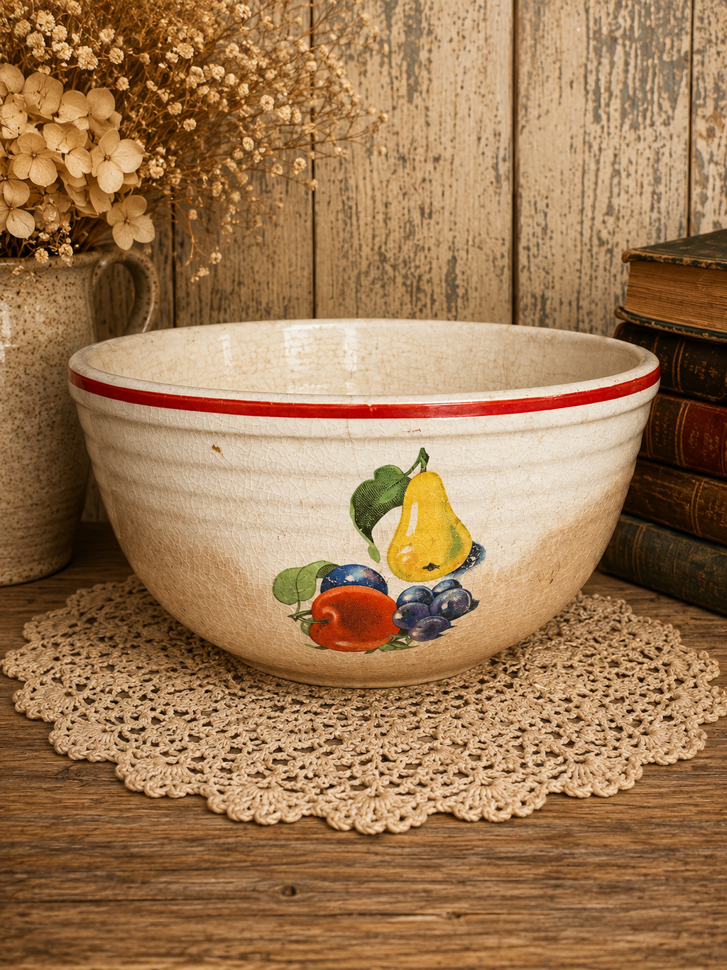 Vintage Stained & Crazed Cronin Pottery Bake Oven Mixing Bowl Fruit Red Stripe 1940s Farmhouse