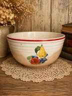 Vintage Stained & Crazed Cronin Pottery Bake Oven Mixing Bowl Fruit Red Stripe 1940s Farmhouse