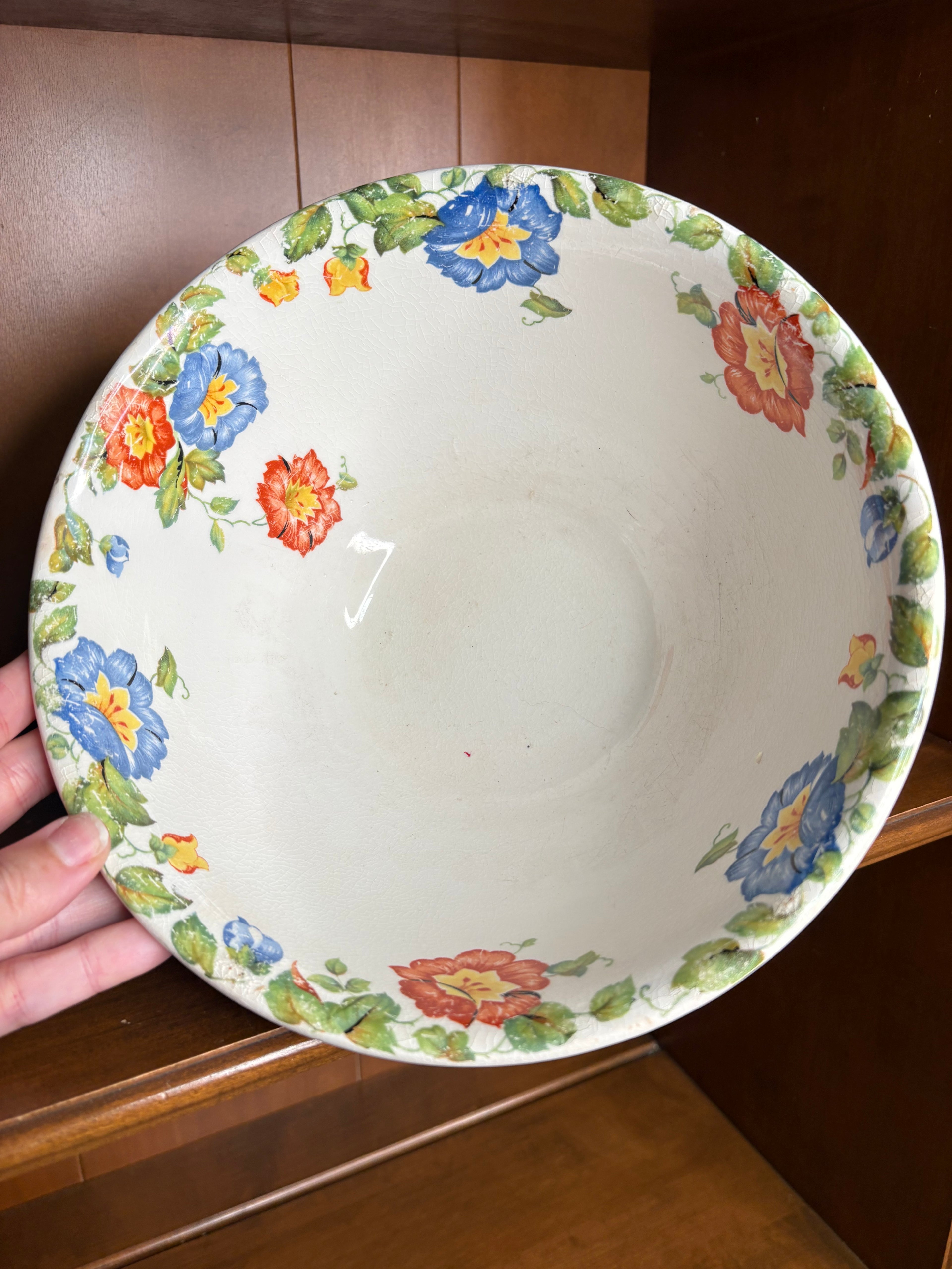 Vintage Crazed Harker Pottery “Sun Glow” White Mixing Bowl with Floral Interior Rim